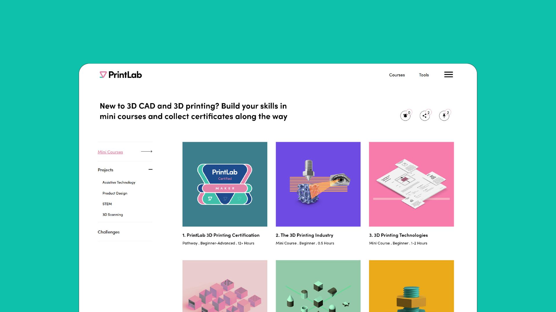 Website screen showing PrintLab's mini course library.