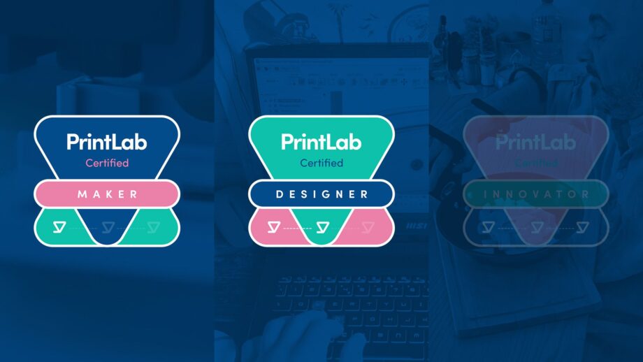 PrintLab Certified Maker and Designer badges in full opacity, next to the Innovator badge in low opacity.