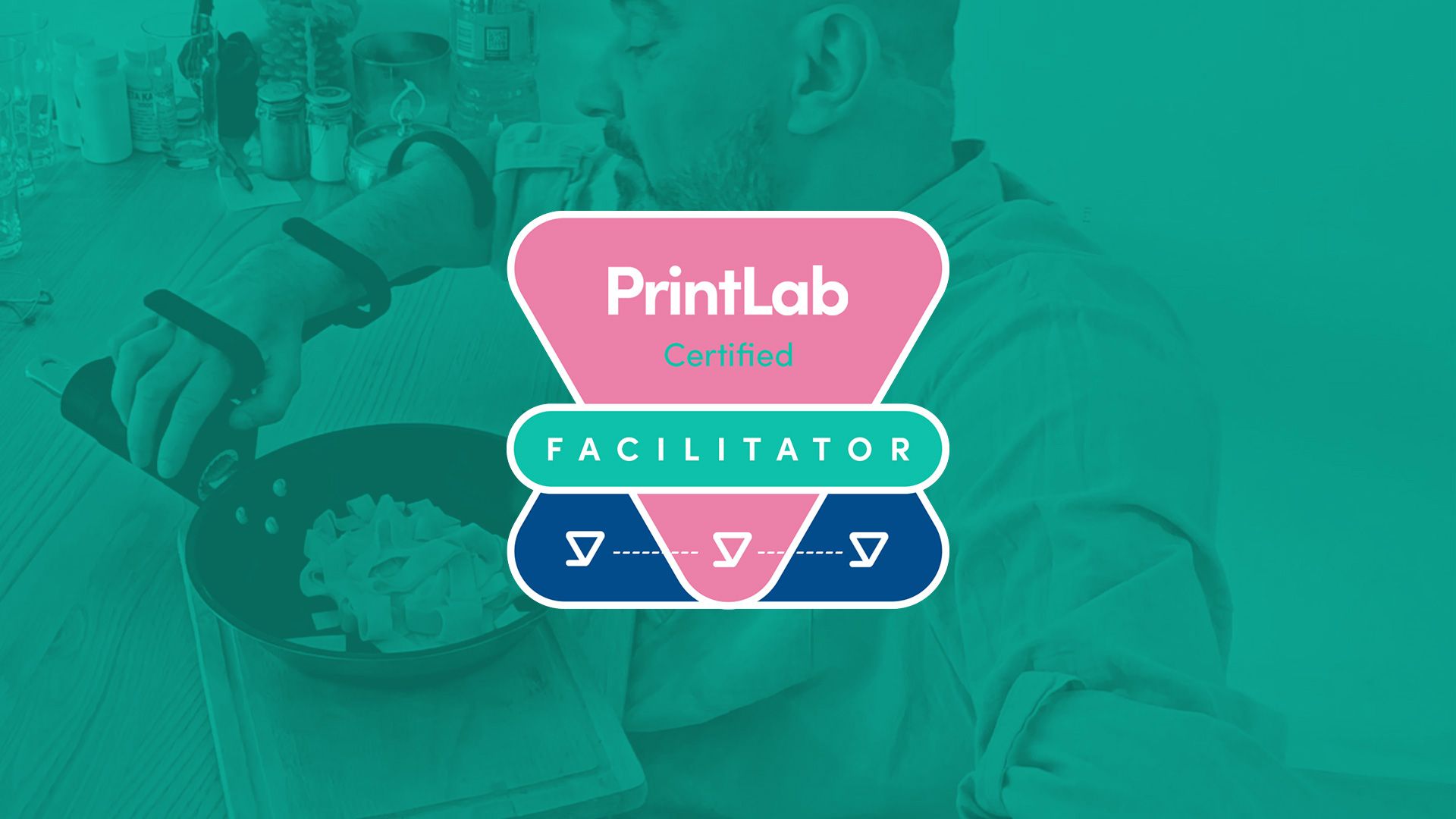 PrintLab Certified Facilitator badge overlaid onto an image of a person using an assistive gripping aid on a pan.