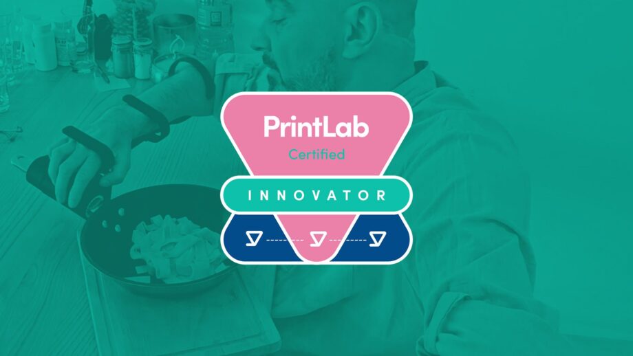 PrintLab Certified Innovator badge overlaid onto an image of a person using an assistive gripping aid on a pan.