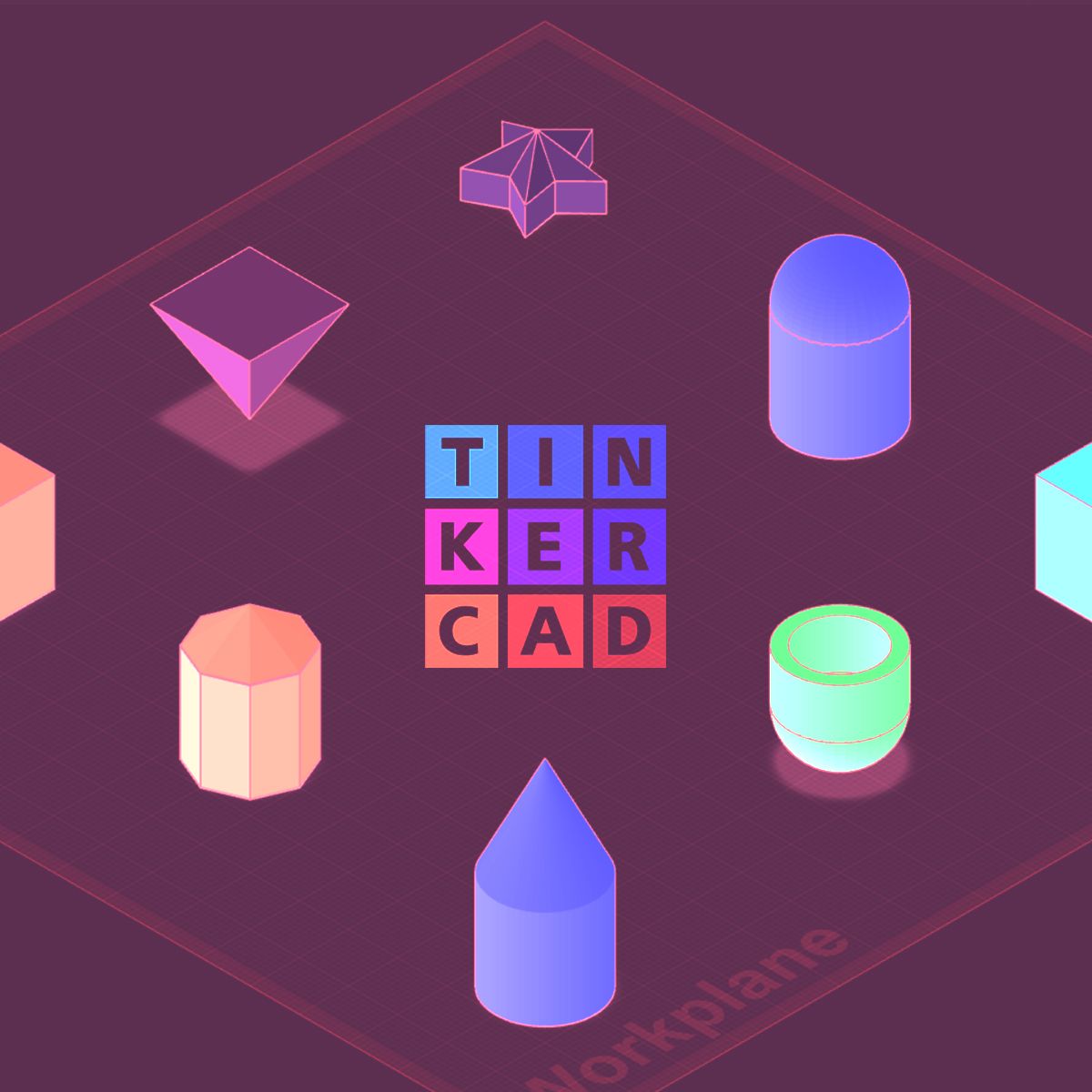 The Tinkercad workspace with various shapes and the Tinkercad logo in the middle.