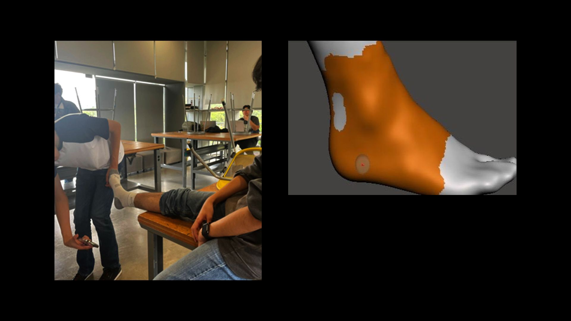 A person using a phone to 3D scan a person's foot next to an image of a 3D model of the resulting mesh.