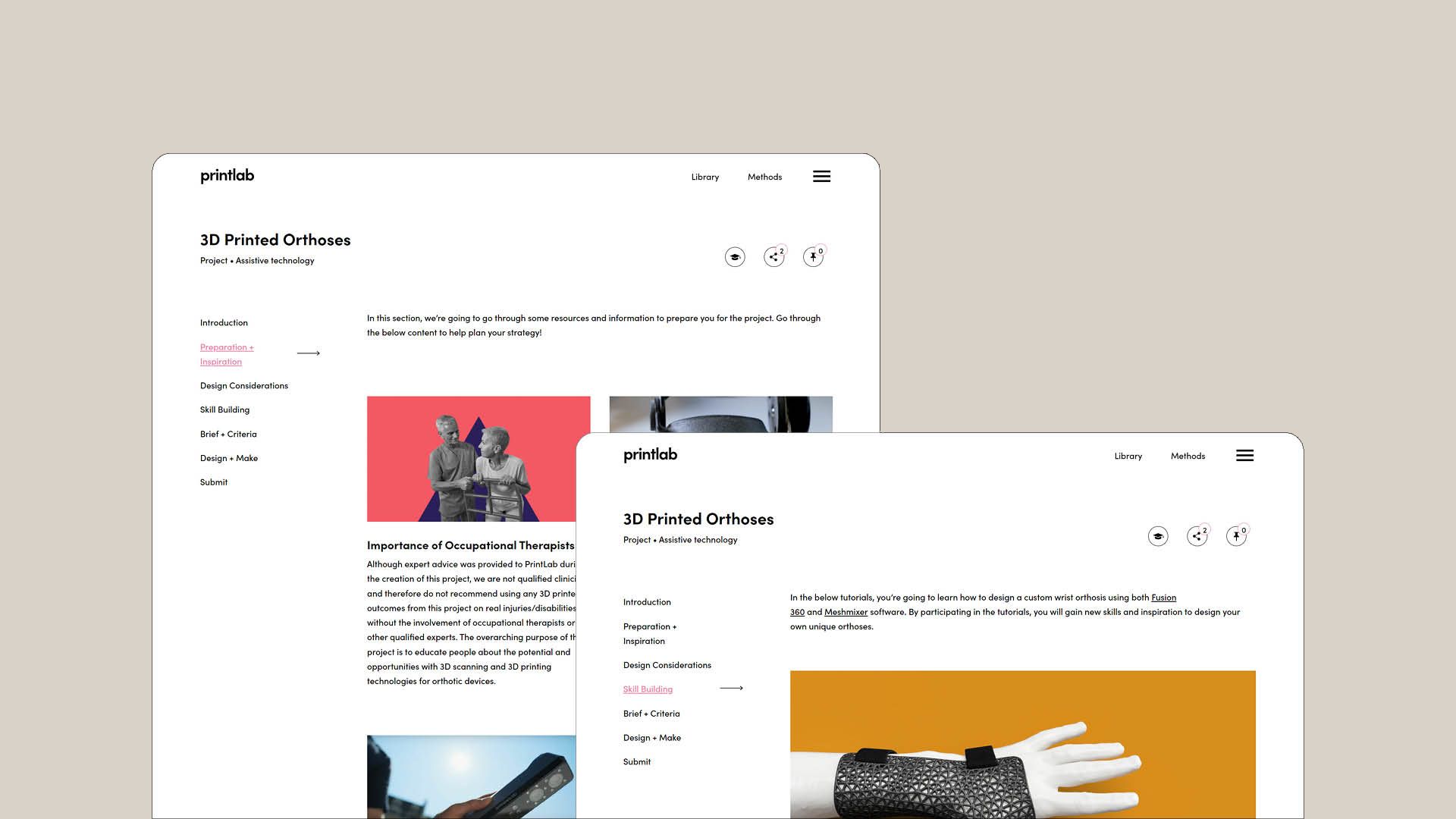 2 website screens showing the learning platform to PrintLab's 3D printed orthoses project.