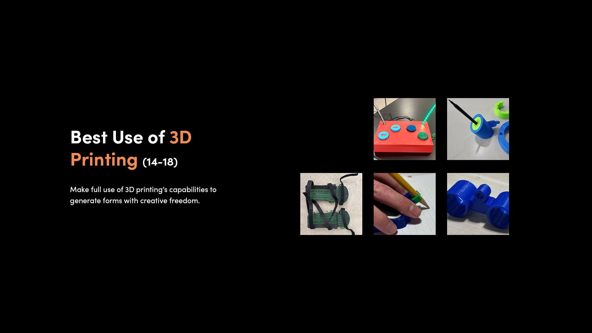 A selection of 3D printed assistive devices that made the finalist shortlist for the 2025 Make:able Challenge, in the category 'Best Use of 3D Printing - 14-18'.