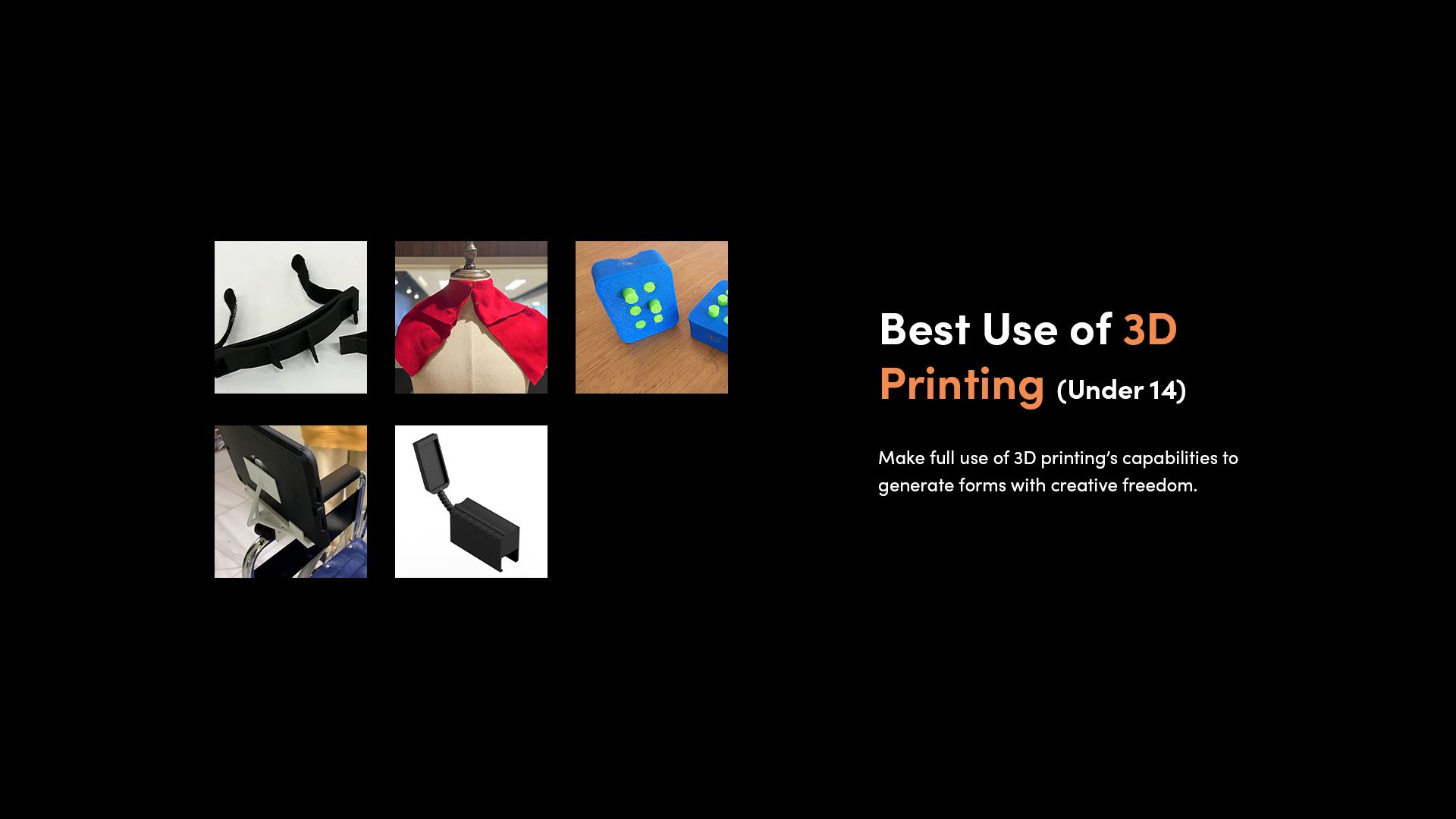 A selection of 3D printed assistive devices that made the finalist shortlist for the 2025 Make:able Challenge, in the category 'Best Use of 3D Printing - Under 14'.