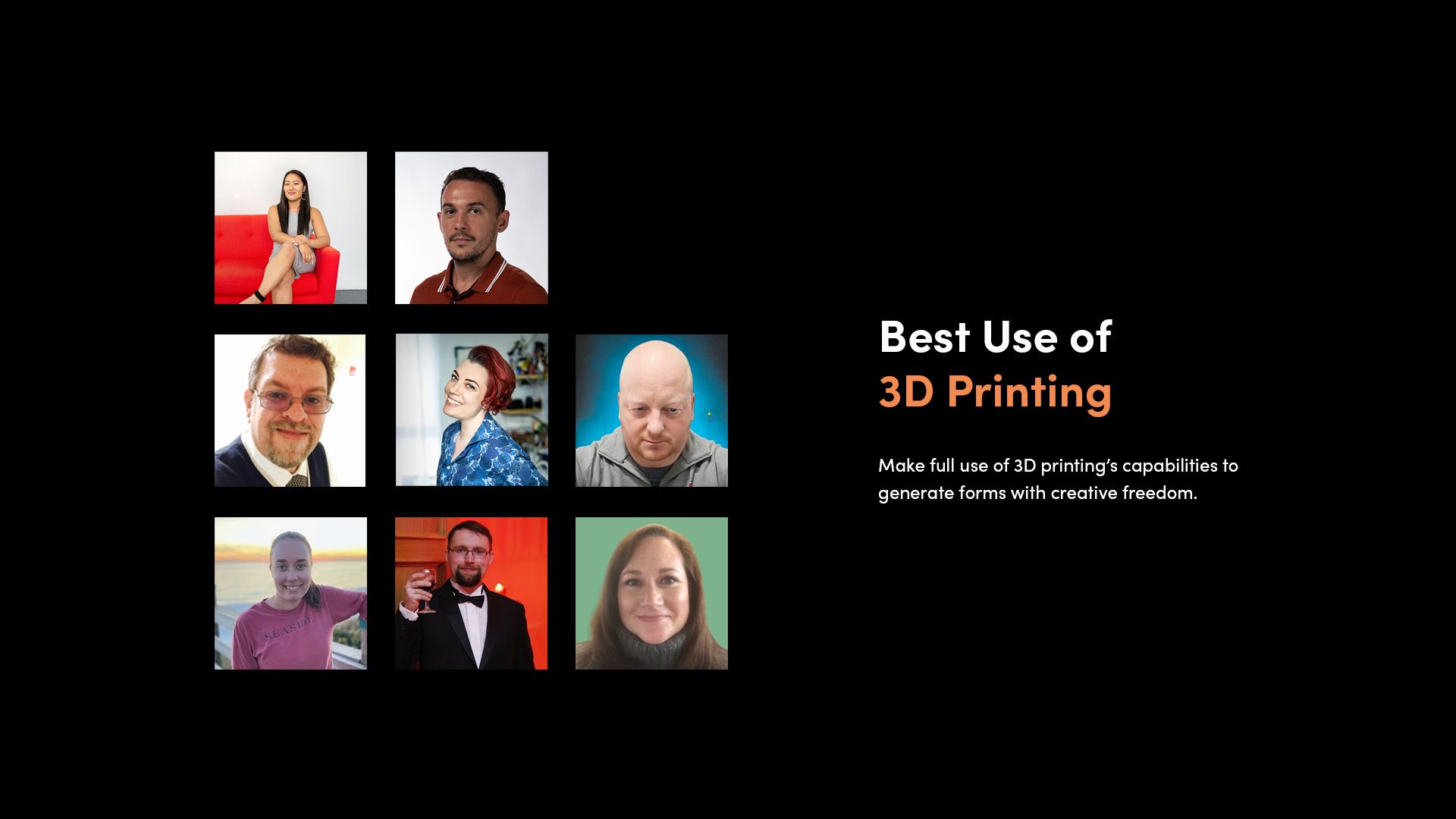 Collage of headshot images showing the judges for the 'Best Use of 3D Printing ' category in the Make:able Challenge.