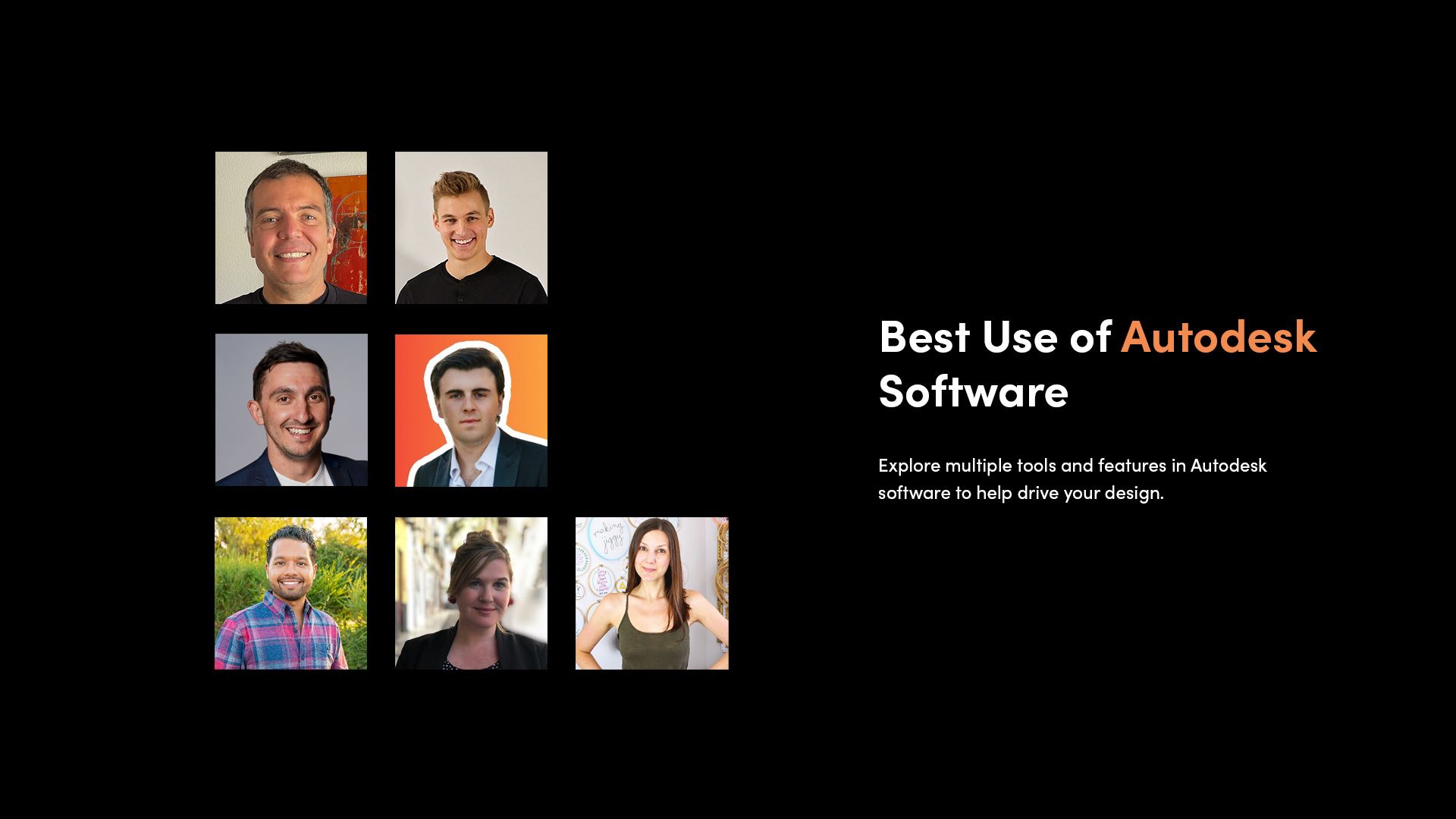Collage of headshot images showing the judges for the 'Best Use of Autodesk Software' category in the Make:able Challenge.