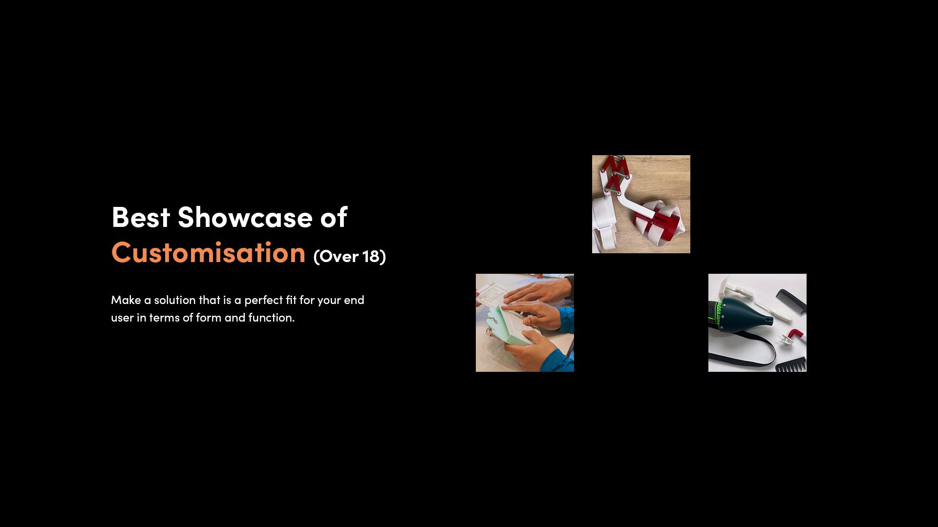A selection of 3D printed assistive devices that made the finalist shortlist for the 2025 Make:able Challenge, in the category 'Best Showcase of Customisation - Over 18'.