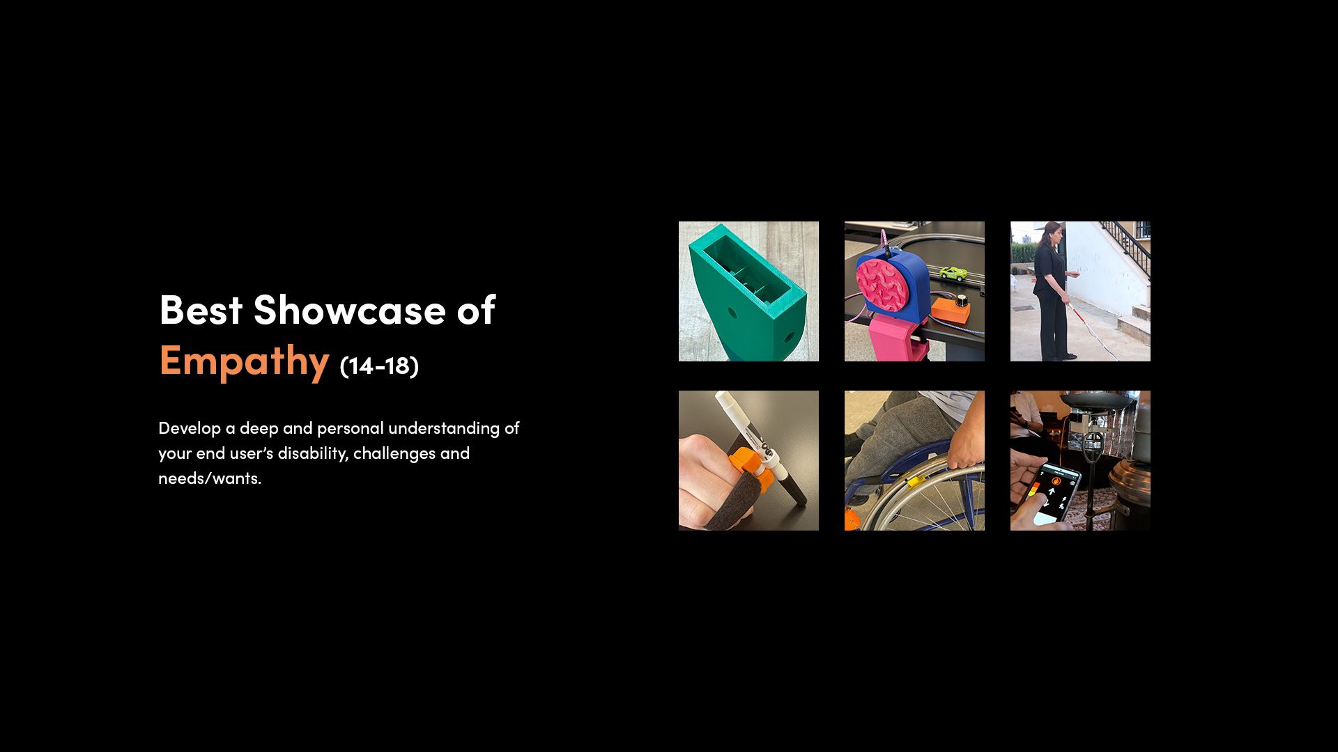 A selection of 3D printed assistive devices that made the finalist shortlist for the 2025 Make:able Challenge, in the category 'Best Showcase of Empathy - 14-18'.