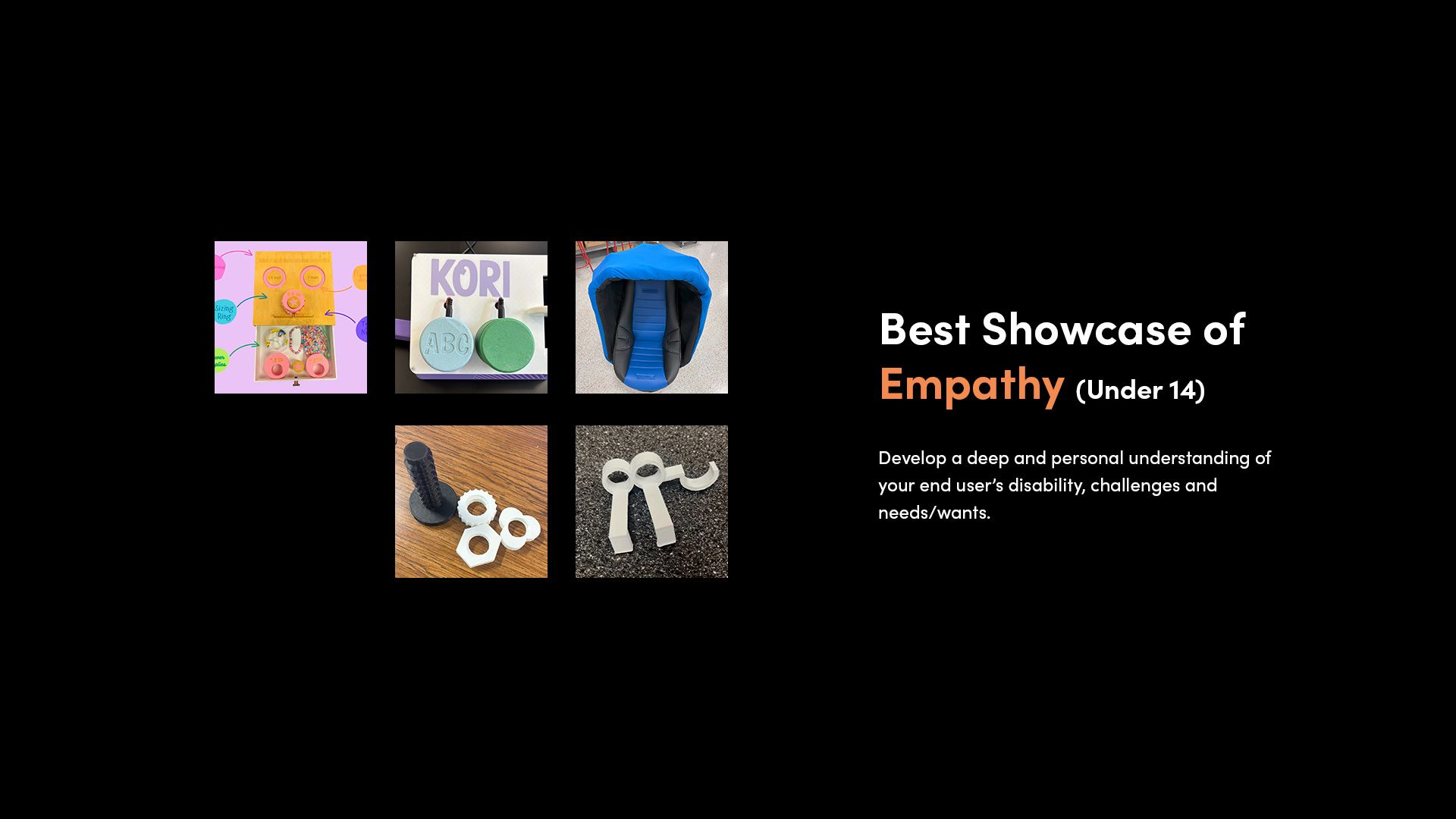 A selection of 3D printed assistive devices that made the finalist shortlist for the 2025 Make:able Challenge, in the category 'Best Showcase of Empathy - Under 14'.