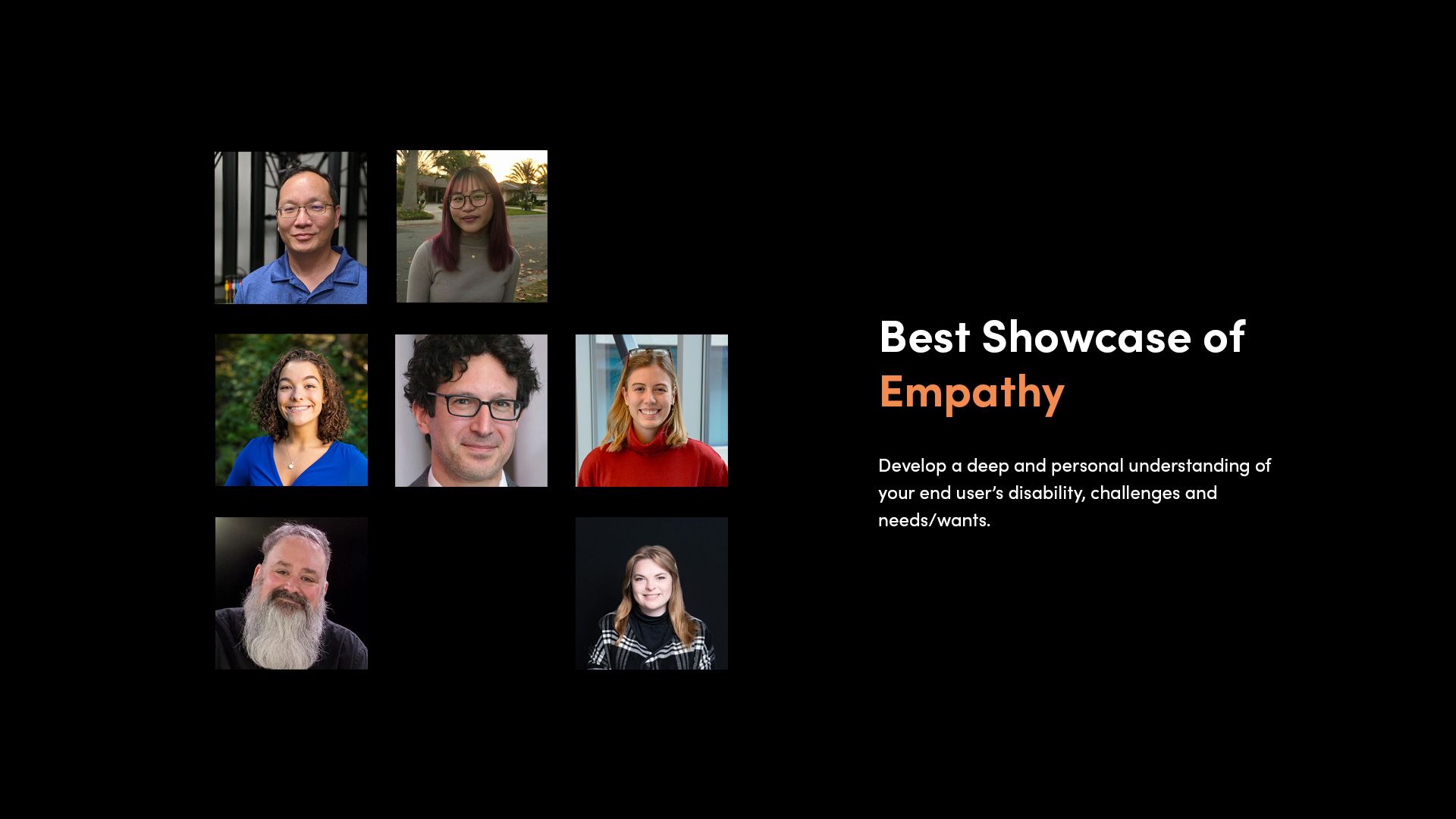 Collage of headshot images showing the judges for the 'Best Showcase of Empathy' category in the Make:able Challenge.