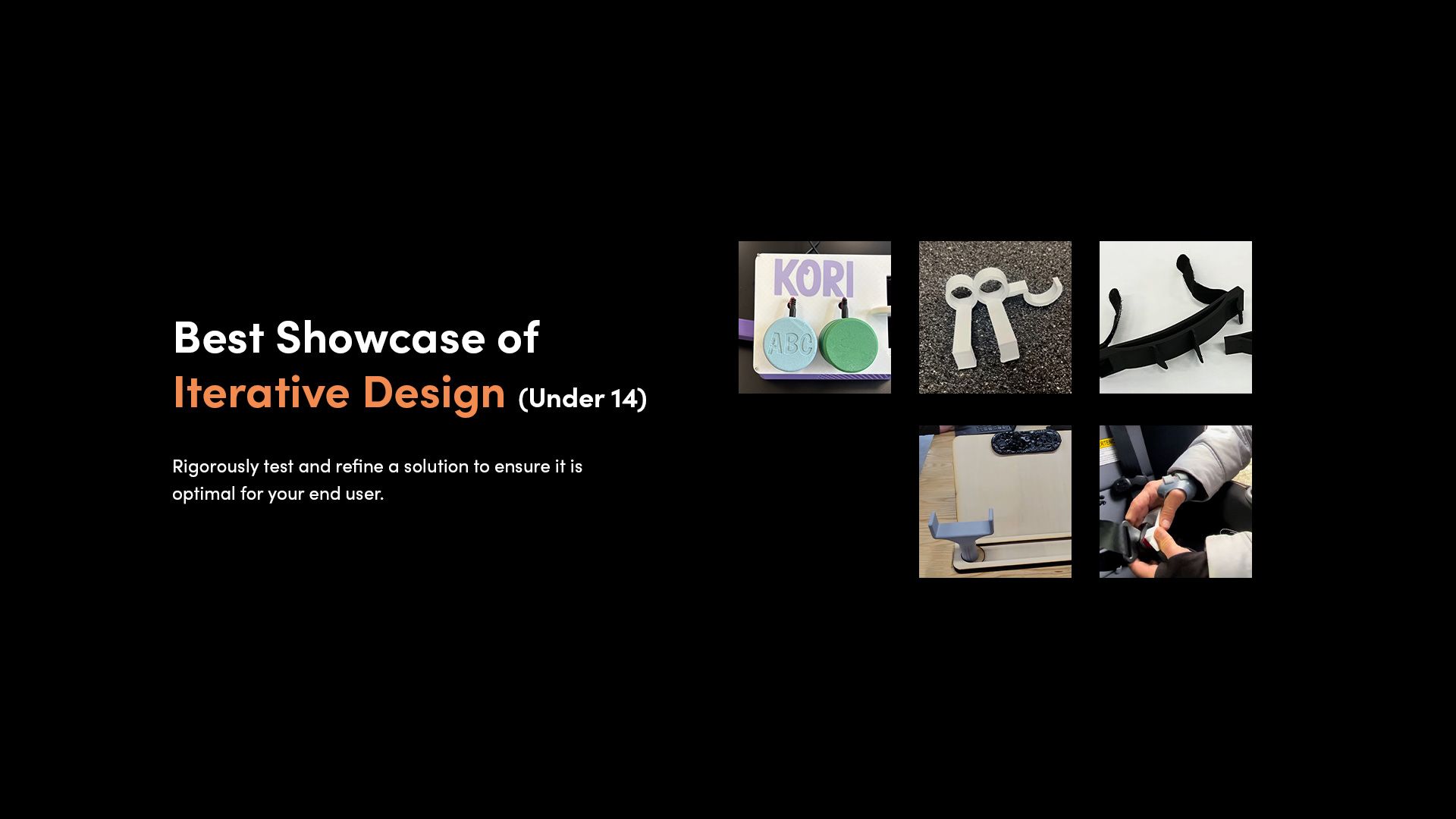 A selection of 3D printed assistive devices that made the finalist shortlist for the 2025 Make:able Challenge, in the category 'Best Showcase of Iterative Design - Under 14'.