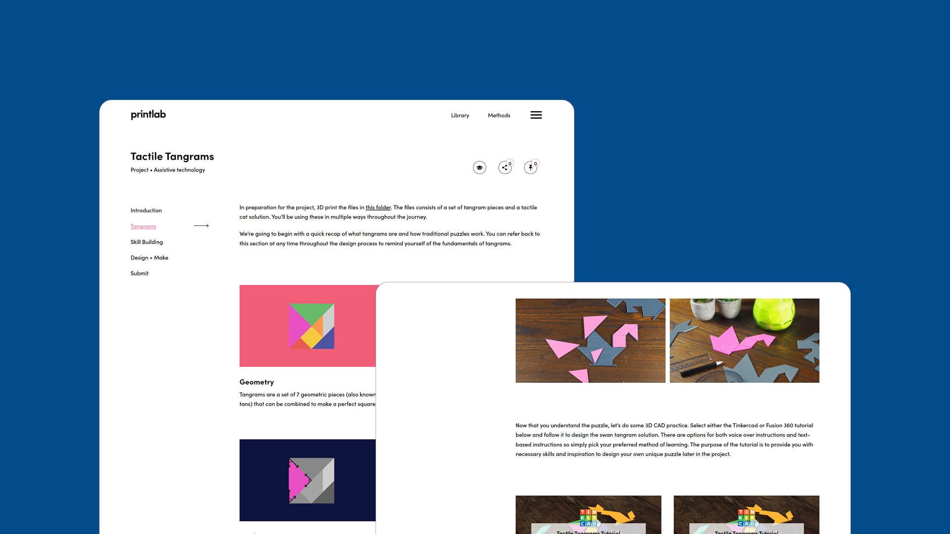 2 website screens showing the learning platform for PrintLab's tactile tangram project.