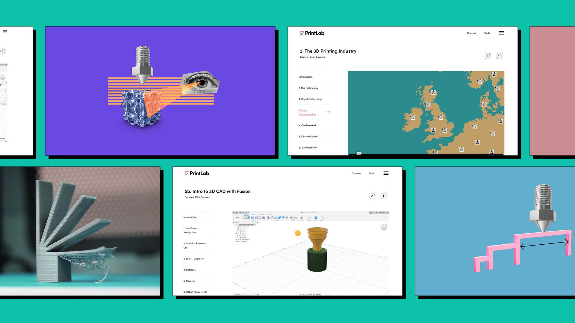 A collage of website screens showing various PrintLab mini courses.