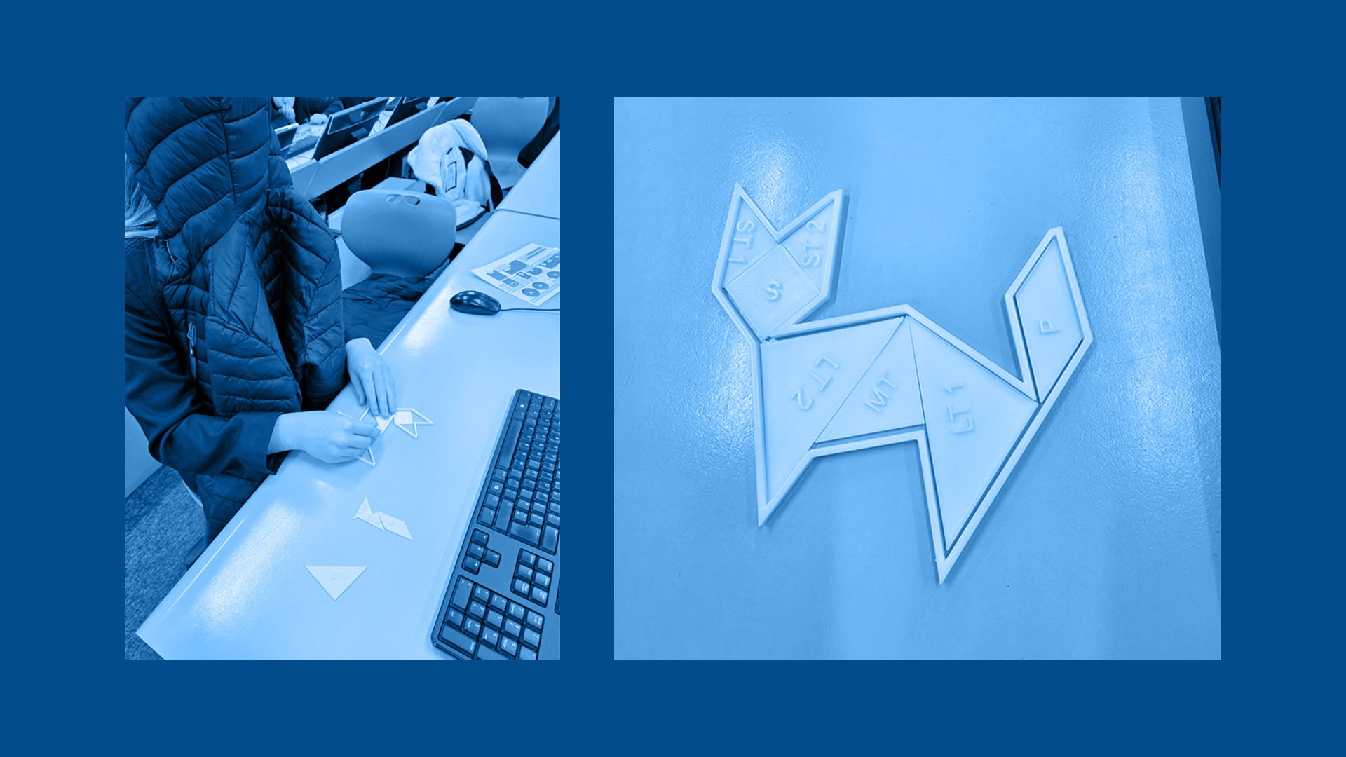 2 images showing a student simulating the experience of playing a tactile tangram puzzle.