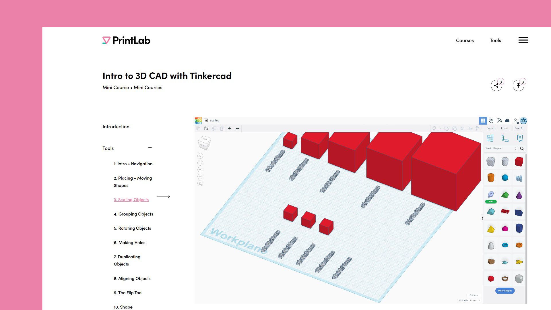 A website screen showing the learning platform for PrintLab's Intro to Tinkercad course.