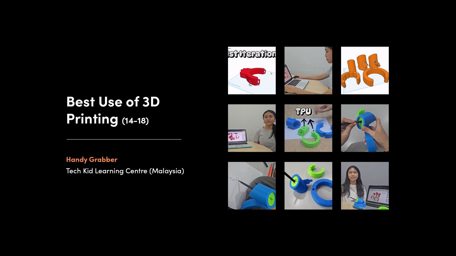 A collage of images from the winner of the 'Best Use of 3D Printing - 14-18' category of the 2025 Make:able Challenge. The winning device was a 3D printed assistive device that allows individuals without lower arms to hold and use stationery items independently