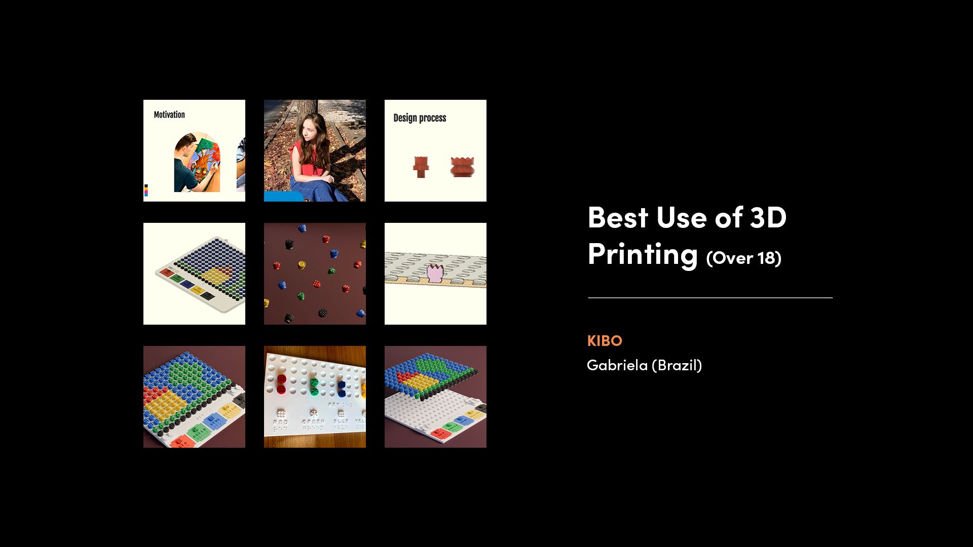 A collage of images from the winner of the 'Best Use of 3D Printing - Over 18' category of the 2025 Make:able Challenge. The winning device was a 3D-printed art board designed to make creative expression more accessible for visually impaired children.