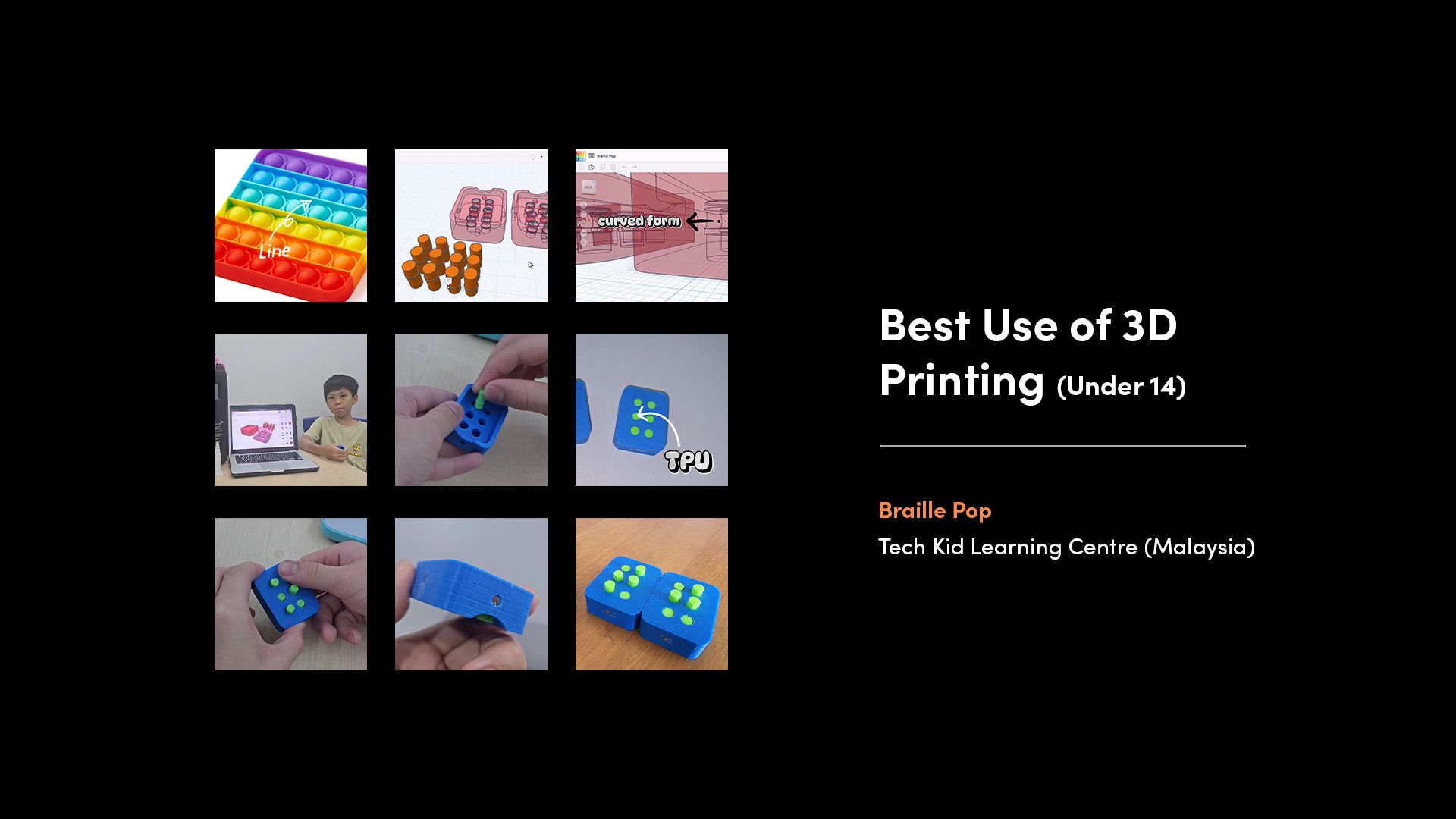 A collage of images from the winner of the 'Best Use of 3D Printing - Under 14' category of the 2025 Make:able Challenge. The winning device was a modular braille-learning fidget inspired by Pop It toys.