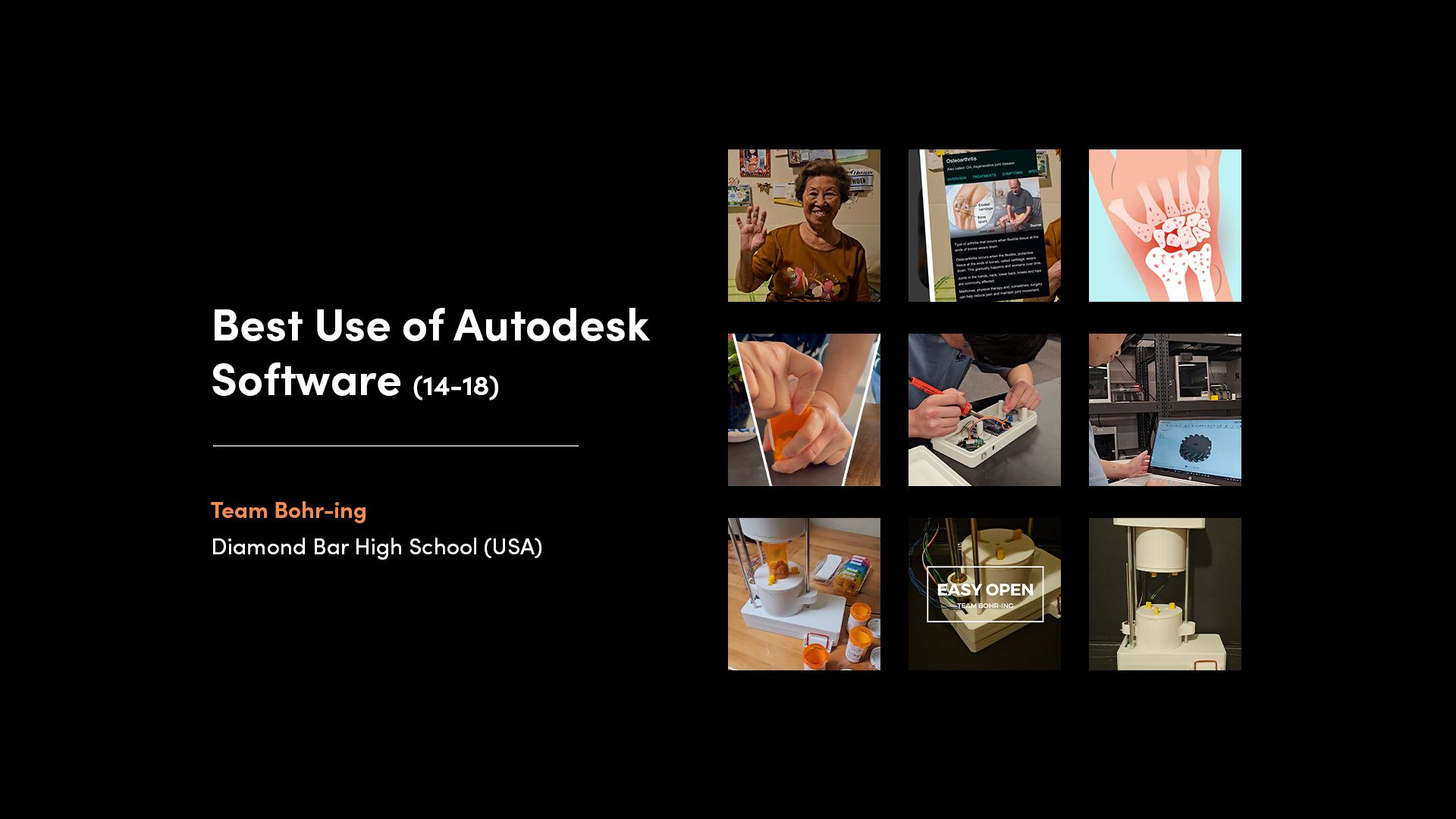 A collage of images from the winner of the 'Best Use of Autodesk Software - 14-18' category of the 2025 Make:able Challenge. The winning device was a motorised countertop device that helps their end user, Siok Wah—who has osteoarthritis—open child-resistant medicine bottles with ease.