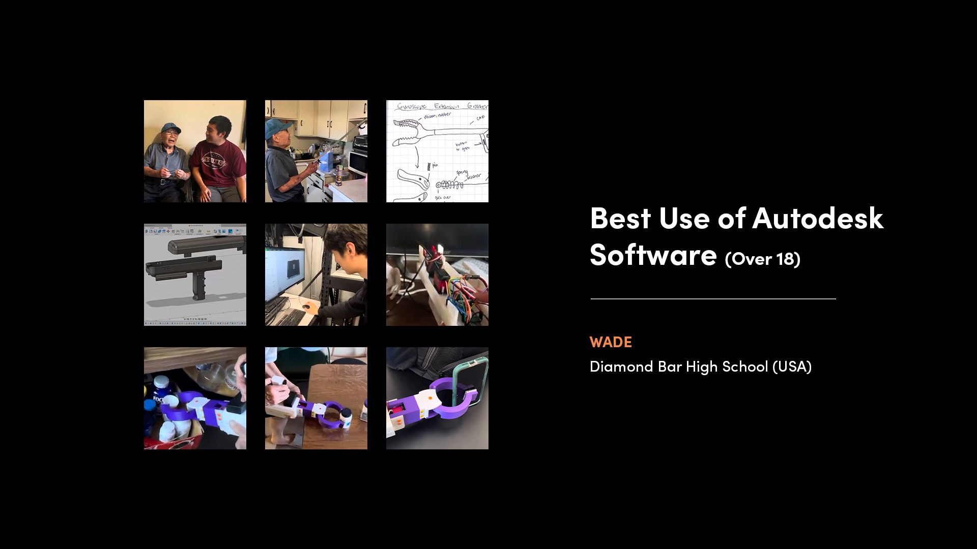 A collage of images from the winner of the 'Best Use of Autodesk Software - Over 18' category of the 2025 Make:able Challenge. The winning device was a motorised grabber tool for a team member’s grand-uncle, who has arthritis and hand tremors that make it difficult to pick up objects.