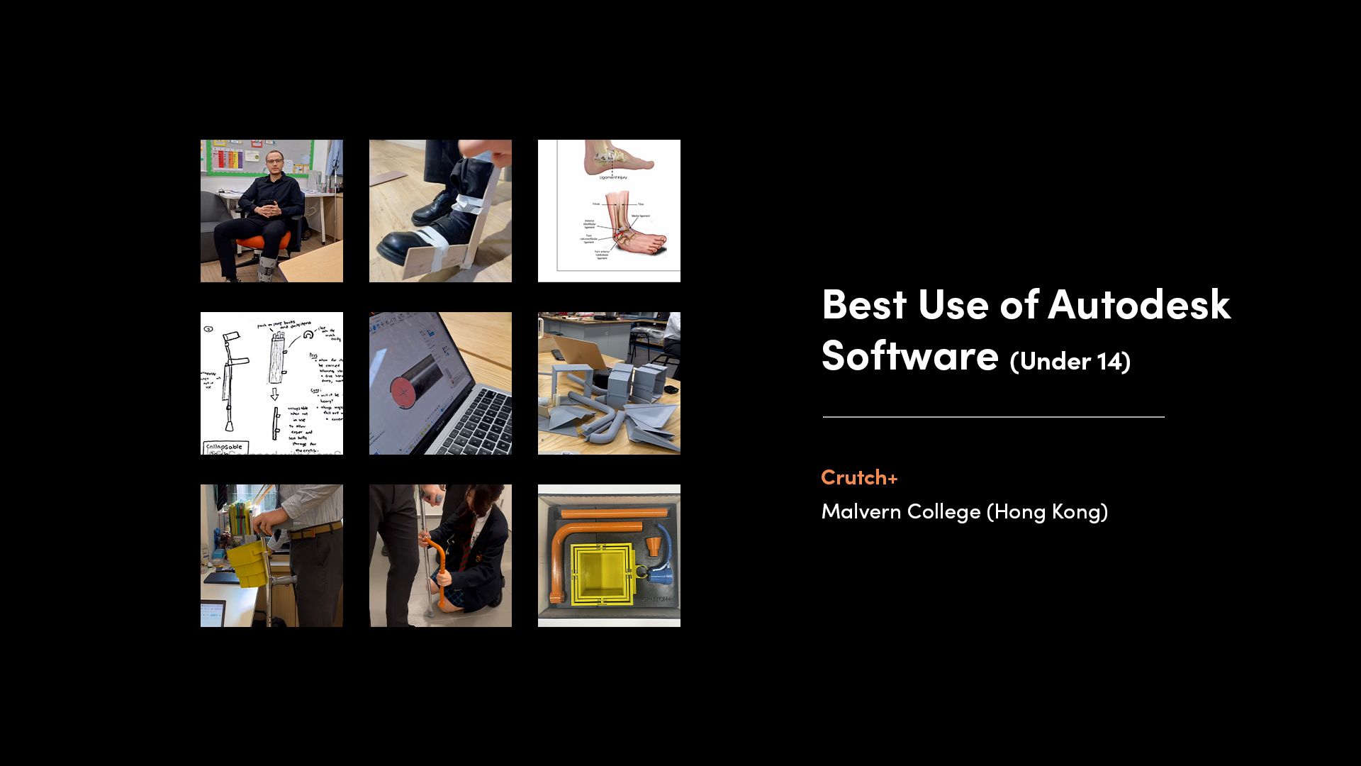 A collage of images from the winner of the 'Best Use of Autodesk Software - Under 14' category of the 2025 Make:able Challenge. The winning device was a multi-functional toolbox of crutch attachments for Mr Scott, a primary school teacher recovering from a partial ligament tear.