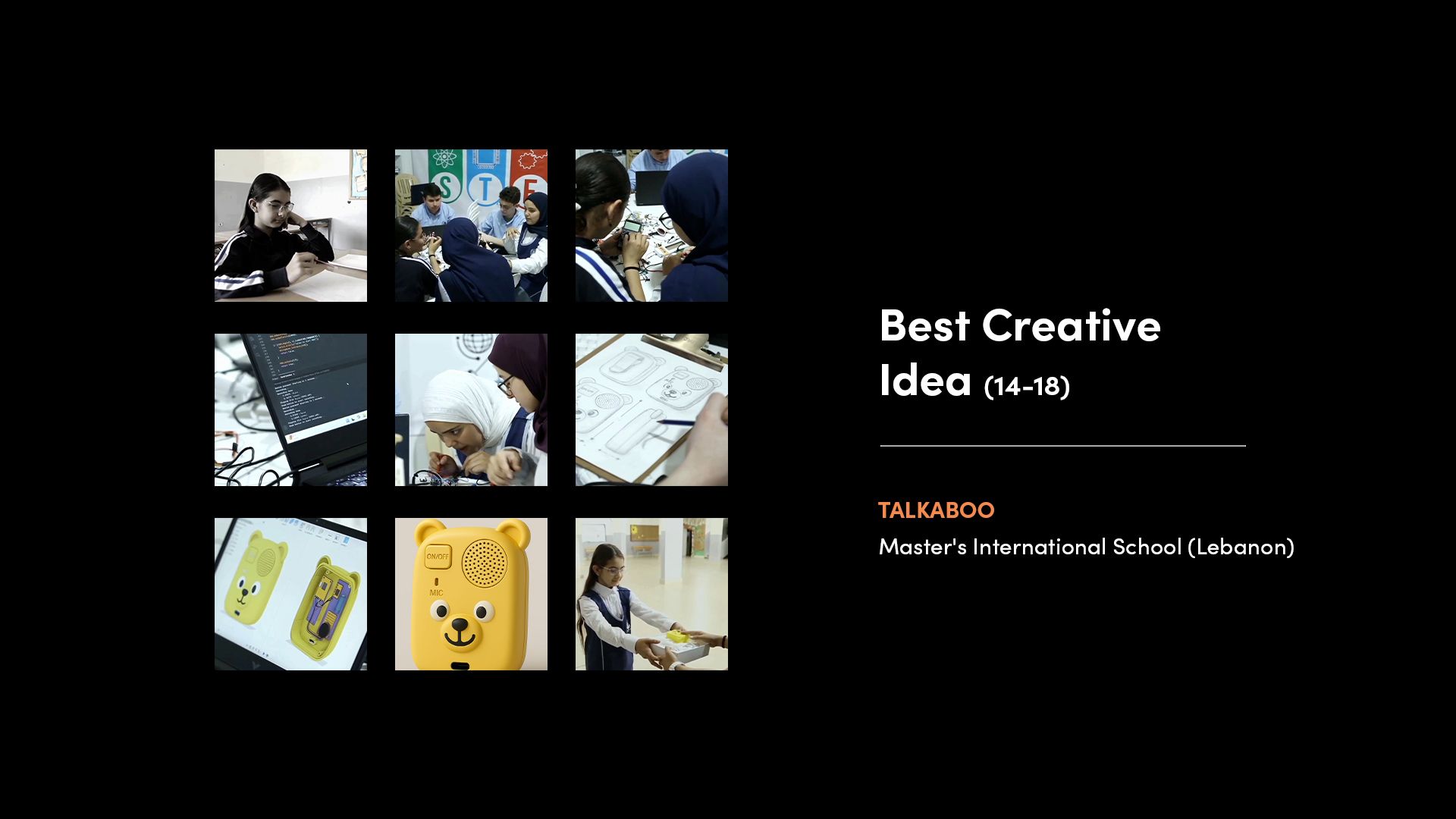 A collage of images from the winner of the 'Best Creative Idea -14-18' category of the 2025 Make:able Challenge. The winning device was an interactive educational device that uses AI to convert unclear speech from children with speech sound disorders into clear pronunciation.