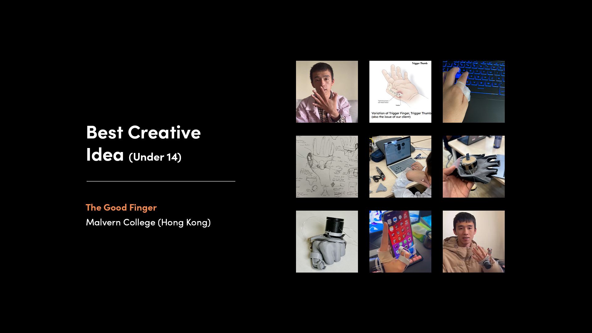 A collage of images from the winner of the 'Best Creative Idea - Under 14' category of the 2025 Make:able Challenge. The winning device was a combined thumb stabiliser and grip aid for their end user, Wu Lei—a former police officer whose thumb is locked at a 90-degree angle due to trigger finger.