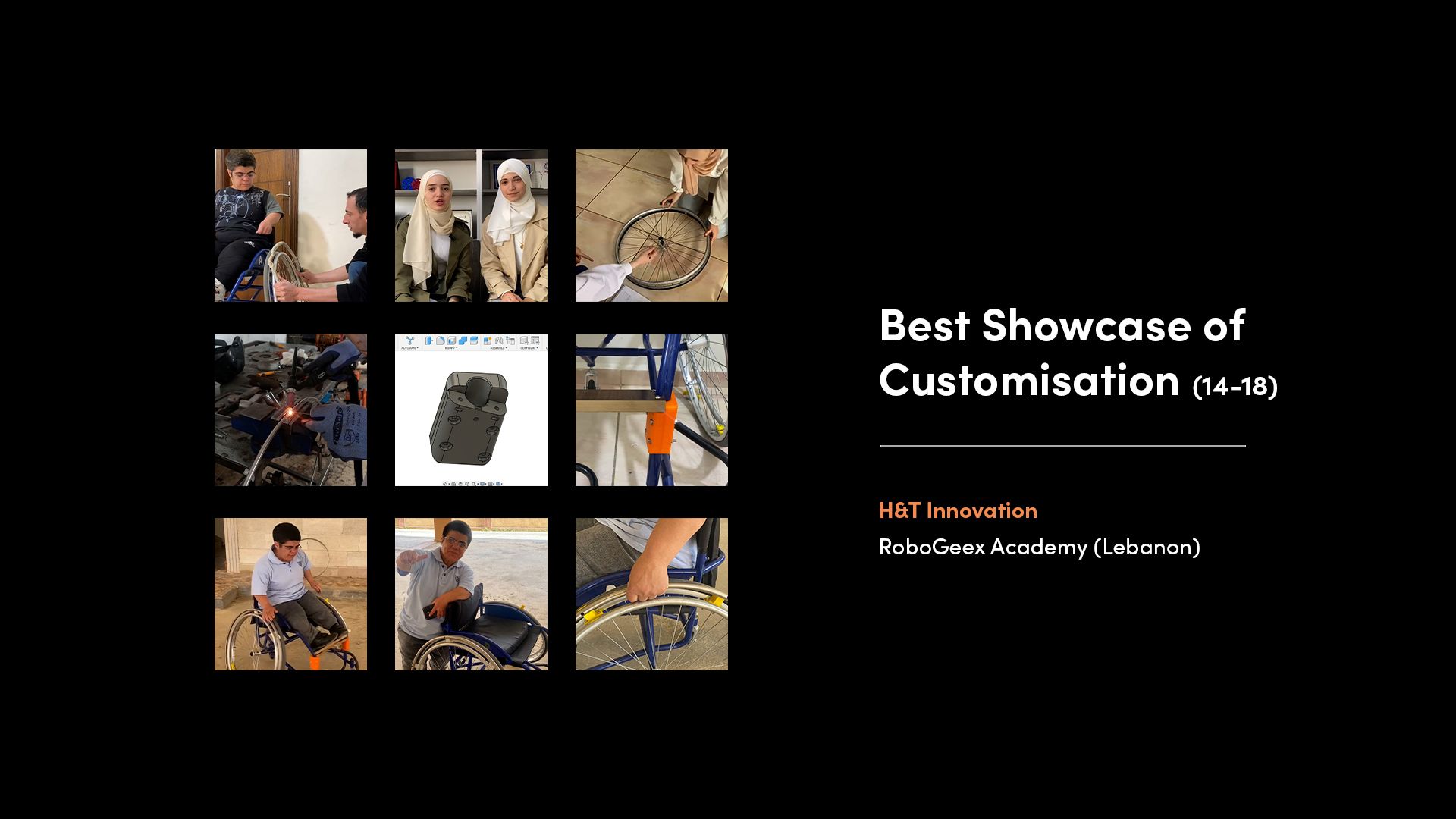 A collage of images from the winner of the 'Best Showcase of Customisation - 14-18' category of the 2025 Make:able Challenge. The winning device was a customised wheelchair modification for Manar, a 42-year-old basketball player with dwarfism.
