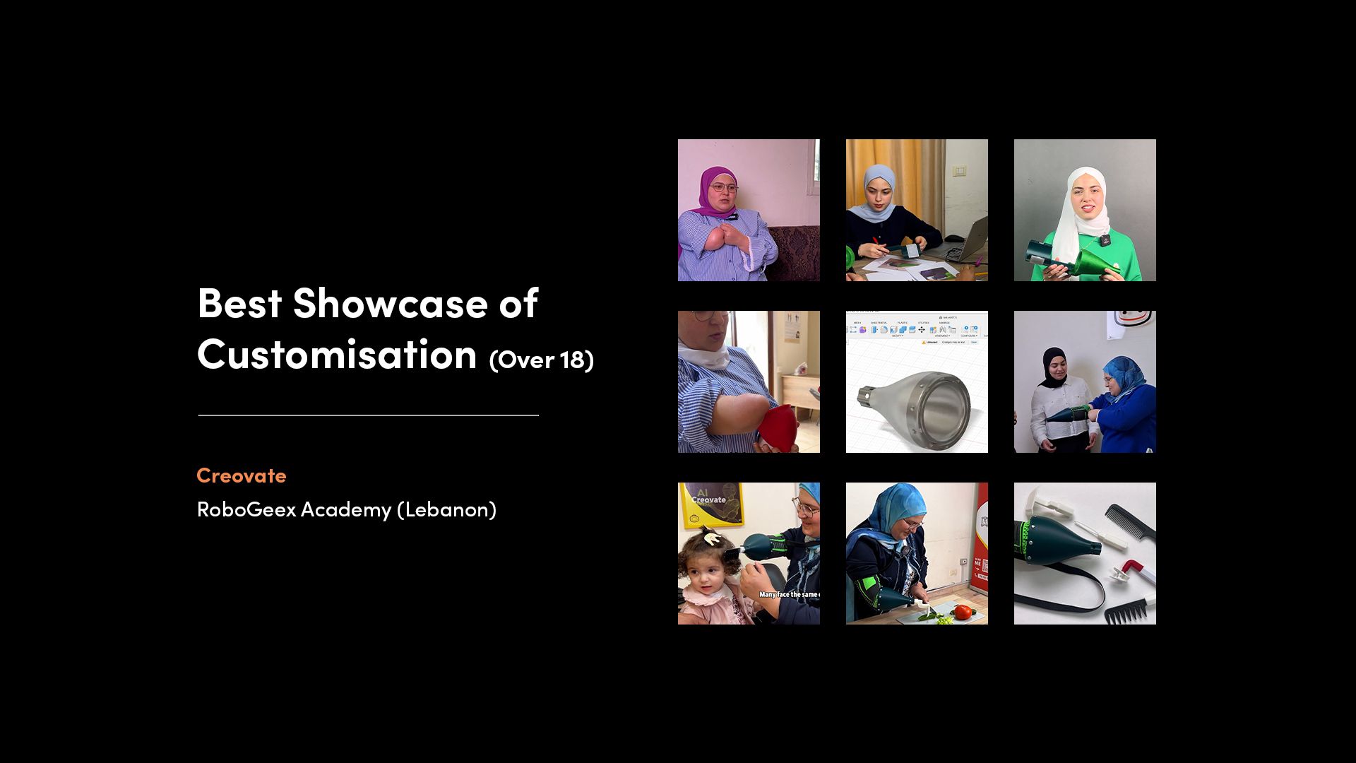 A collage of images from the winner of the 'Best Showcase of Customisation - Over 18' category of the 2025 Make:able Challenge. The winning device was a lightweight, multi-functional assistive device for Karima, a mother with partial arm loss, to support her in daily tasks like brushing her daughter Jouri’s hair and preparing meals.