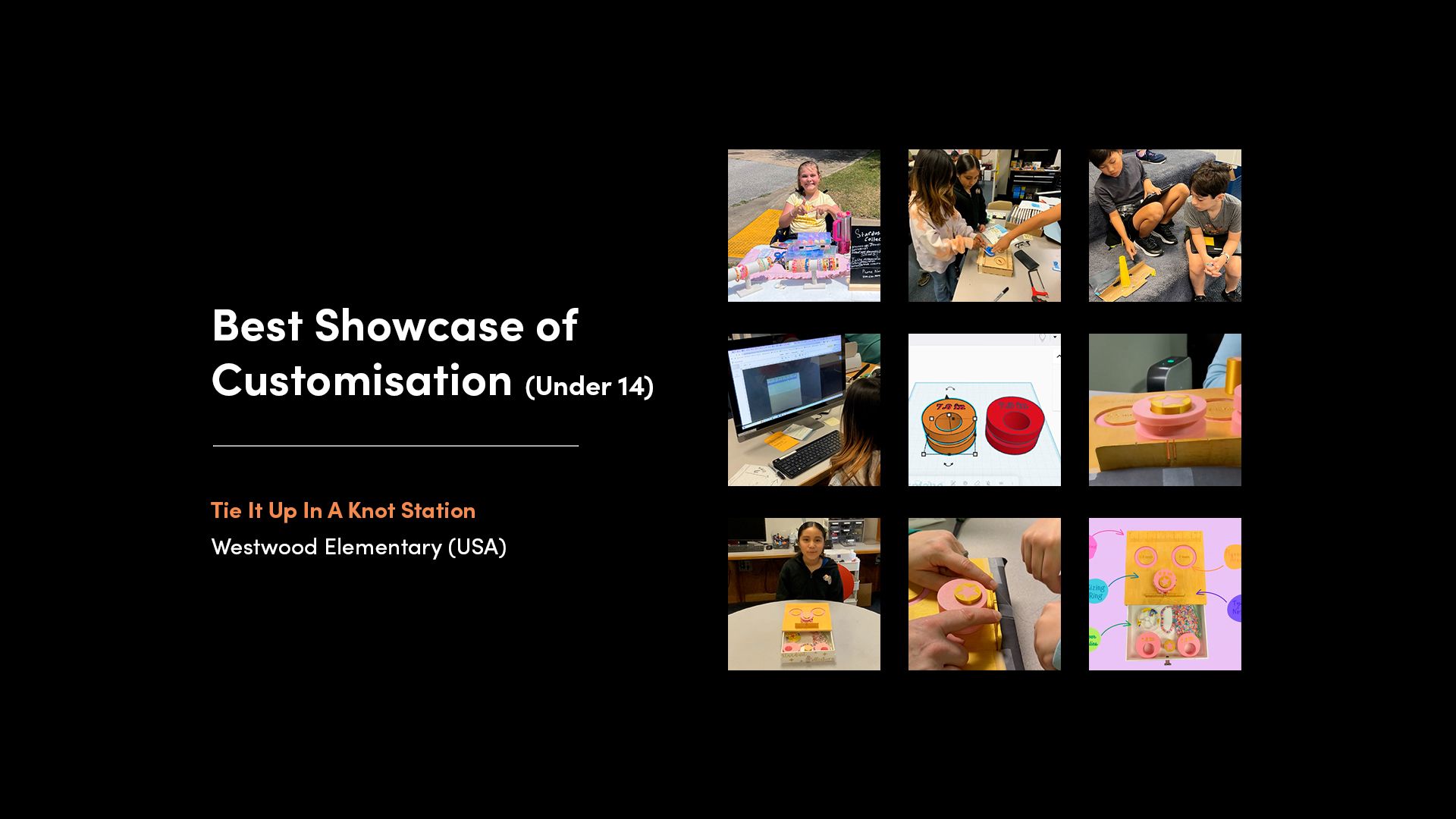 A collage of images from the winner of the 'Best Showcase of Customisation - Under 14' category of the 2025 Make:able Challenge. The winning device was the 'Tie It Up Station', which enables a young entrepreneur with limited hand mobility to independently tie knots for her handmade bracelet business.