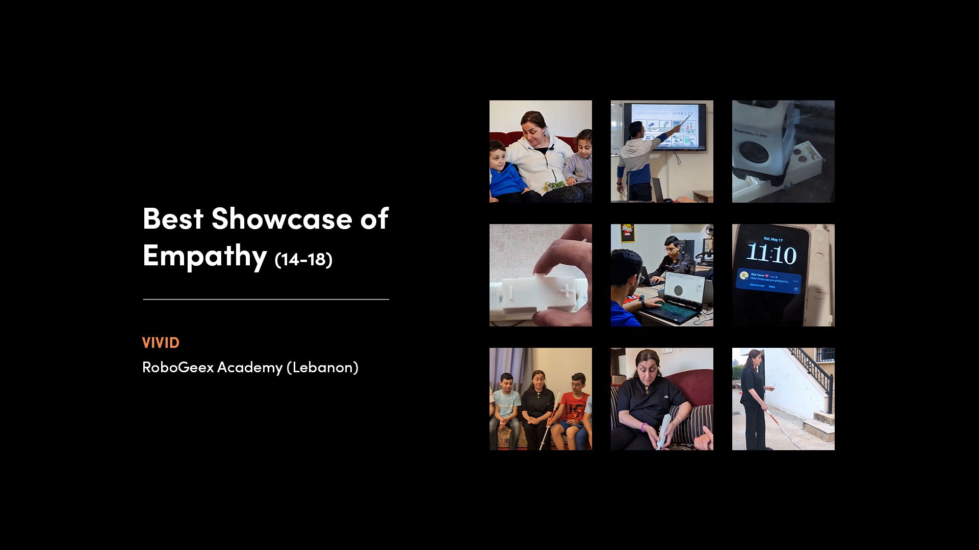 A collage of images from the winner of the 'Best Showcase of Empathy - 14-18' category of the 2025 Make:able Challenge. The winning device was a smart cane for Safaa, a blind woman who often feels unsafe when alone.