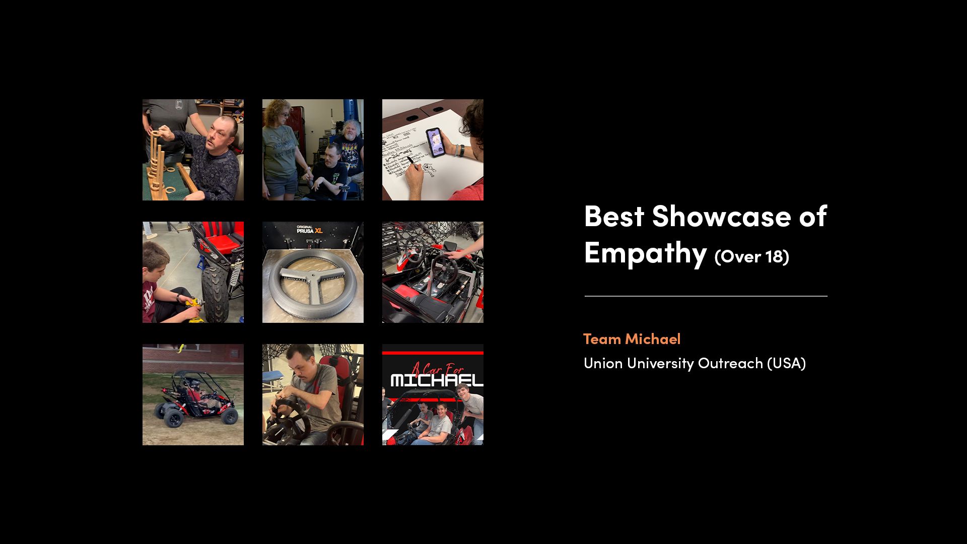 A collage of images from the winner of the 'Best Showcase of Empathy - Over 18' category of the 2025 Make:able Challenge. The winning device was an adapted go-kart experience for their end user, Michael, who has cerebral palsy, is blind, and has limited mobility.
