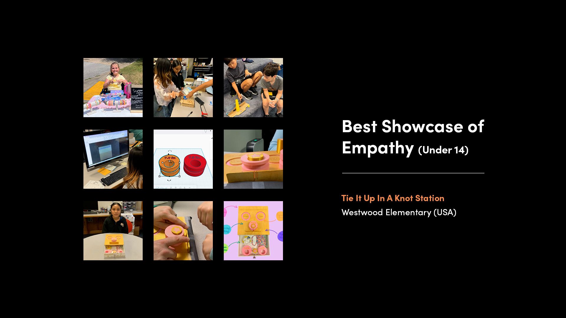A collage of images from the winner of the 'Best Showcase of Empathy - Under 14' category of the 2025 Make:able Challenge. The winning device was the 'Tie It Up Station', which enables a young entrepreneur with limited hand mobility to independently tie knots for her handmade bracelet business.