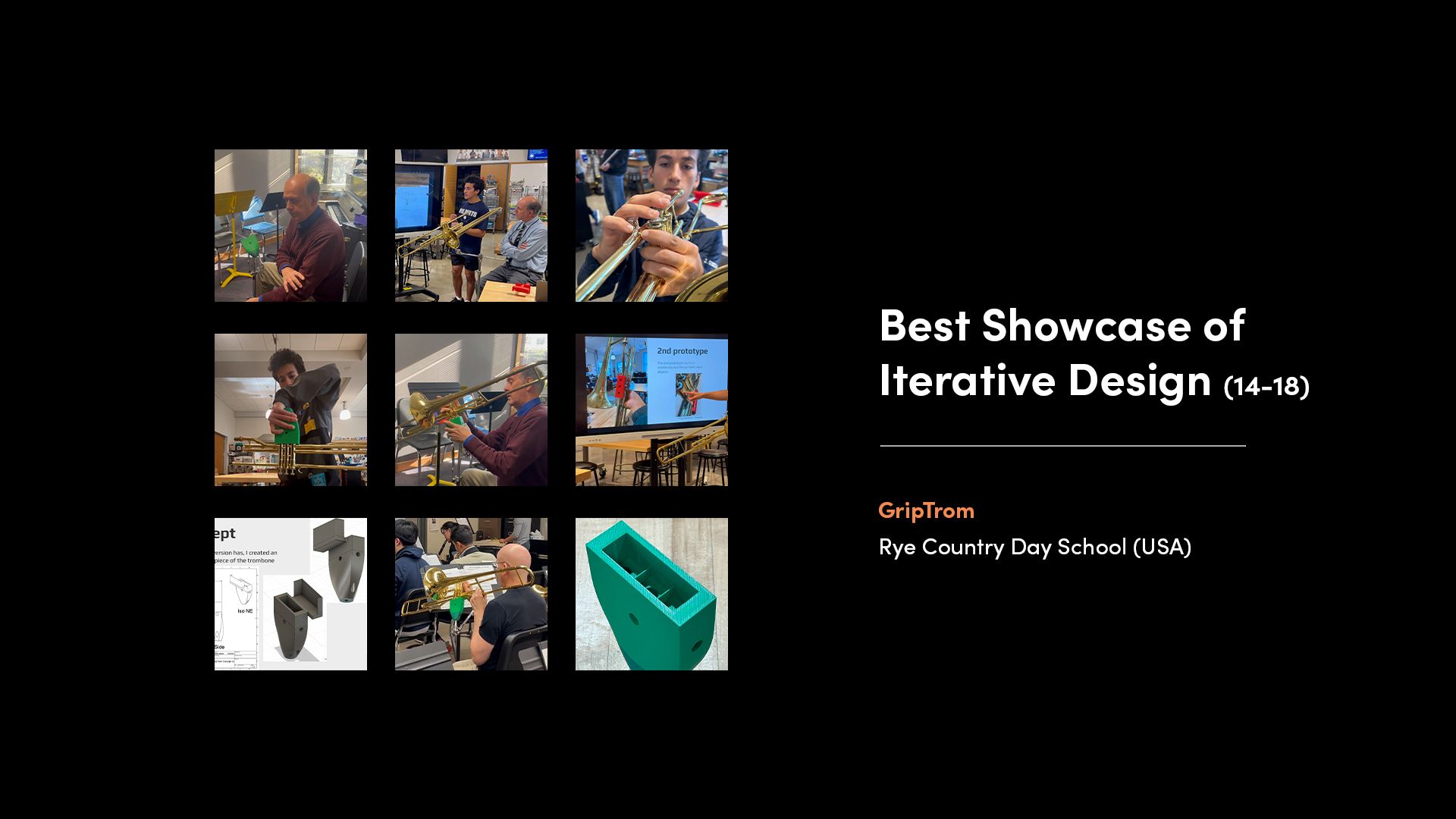A collage of images from the winner of the 'Best Showcase of Iterative Design - 14-18' category of the 2025 Make:able Challenge. The winning device was a 3D-printed assistive device designed to help high school music teachers Mr Haeger and Mr Ragusa play trombone without the pain caused by arthritis.