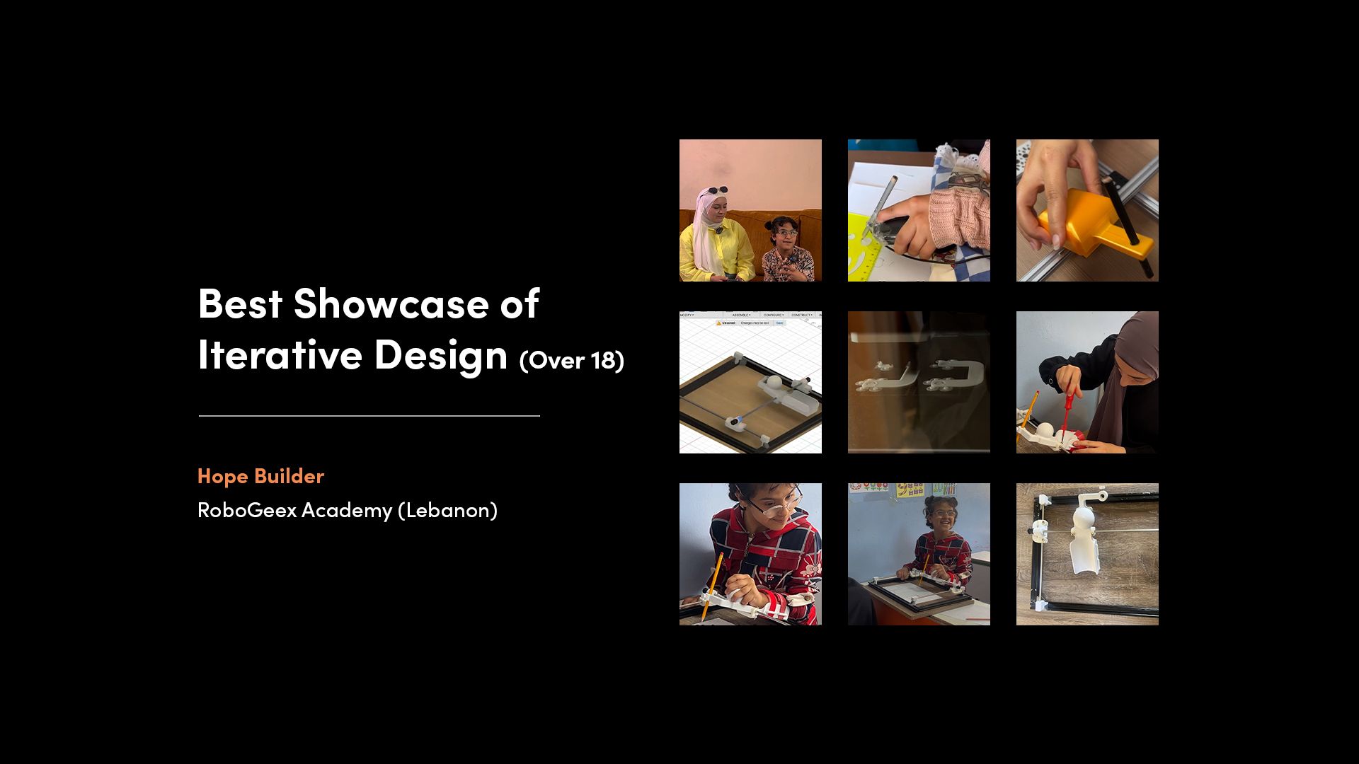 A collage of images from the winner of the 'Best Showcase of Iterative Design - Over 18' category of the 2025 Make:able Challenge. The winning device was a writing aid for Domoaa, a 10-year-old with left-sided hemiplegia, to help her write more easily and confidently at school.