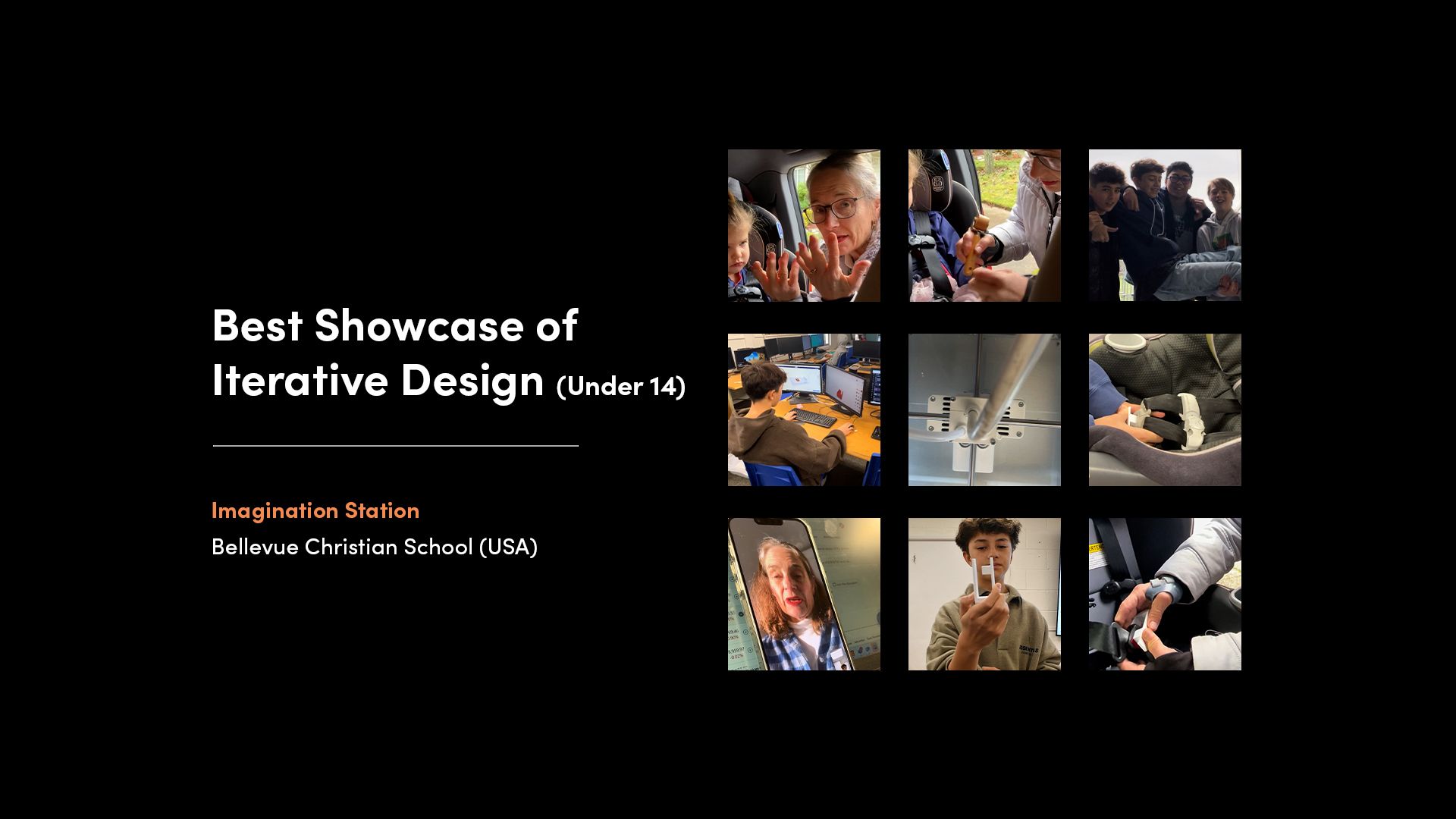 A collage of images from the winner of the 'Best Showcase of Iterative Design - Under 14' category of the 2025 Make:able Challenge. The winning device was a product to help Megan’s grandmother, Dorie, who has arthritis, open a child car seat buckle more easily.