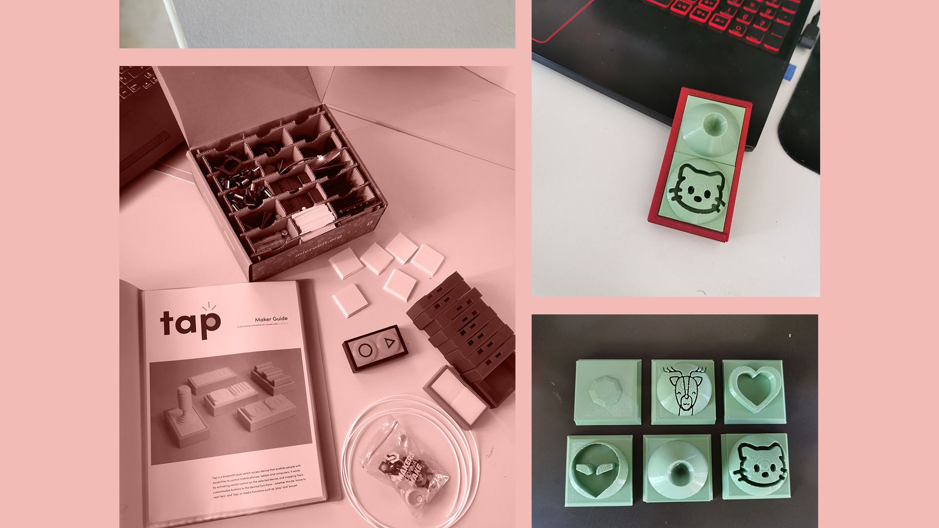 A collage of images showing various Tap devices with customised buttons, designed in Tinkercad.