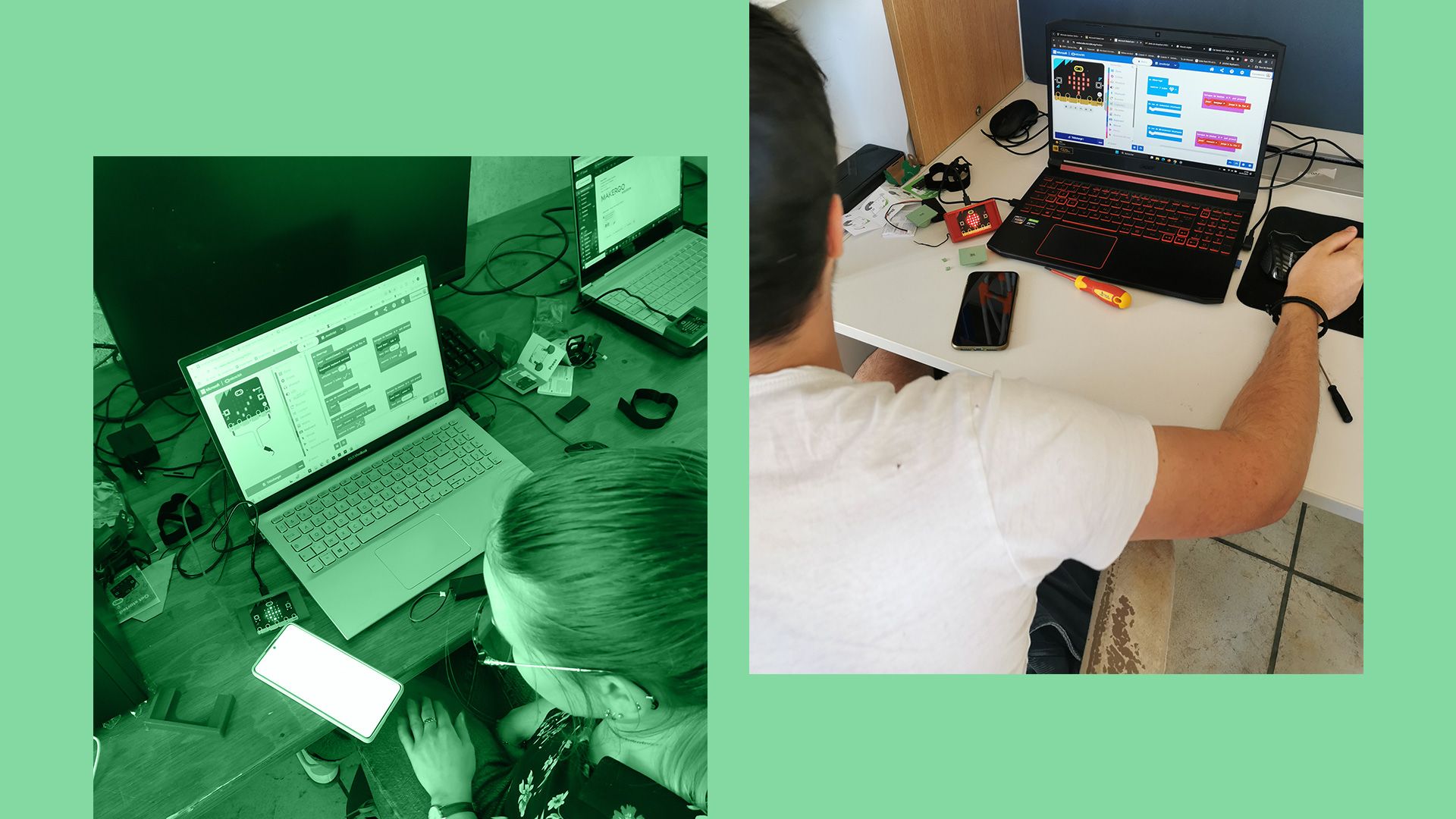 2 images showing students coding their Tap switches in MakeCode.