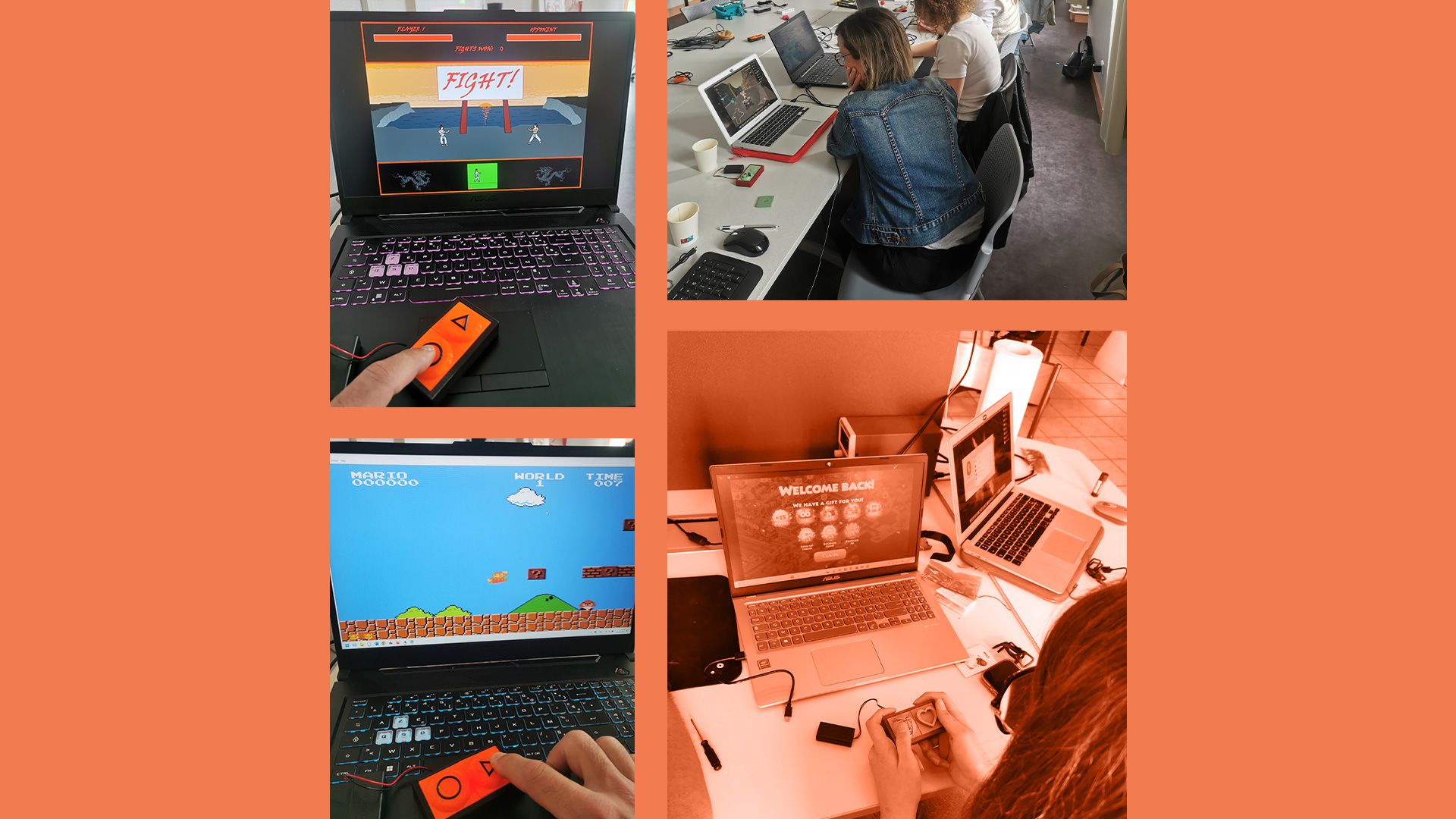 A collage of images showing OT students using Tap to play various computer games.