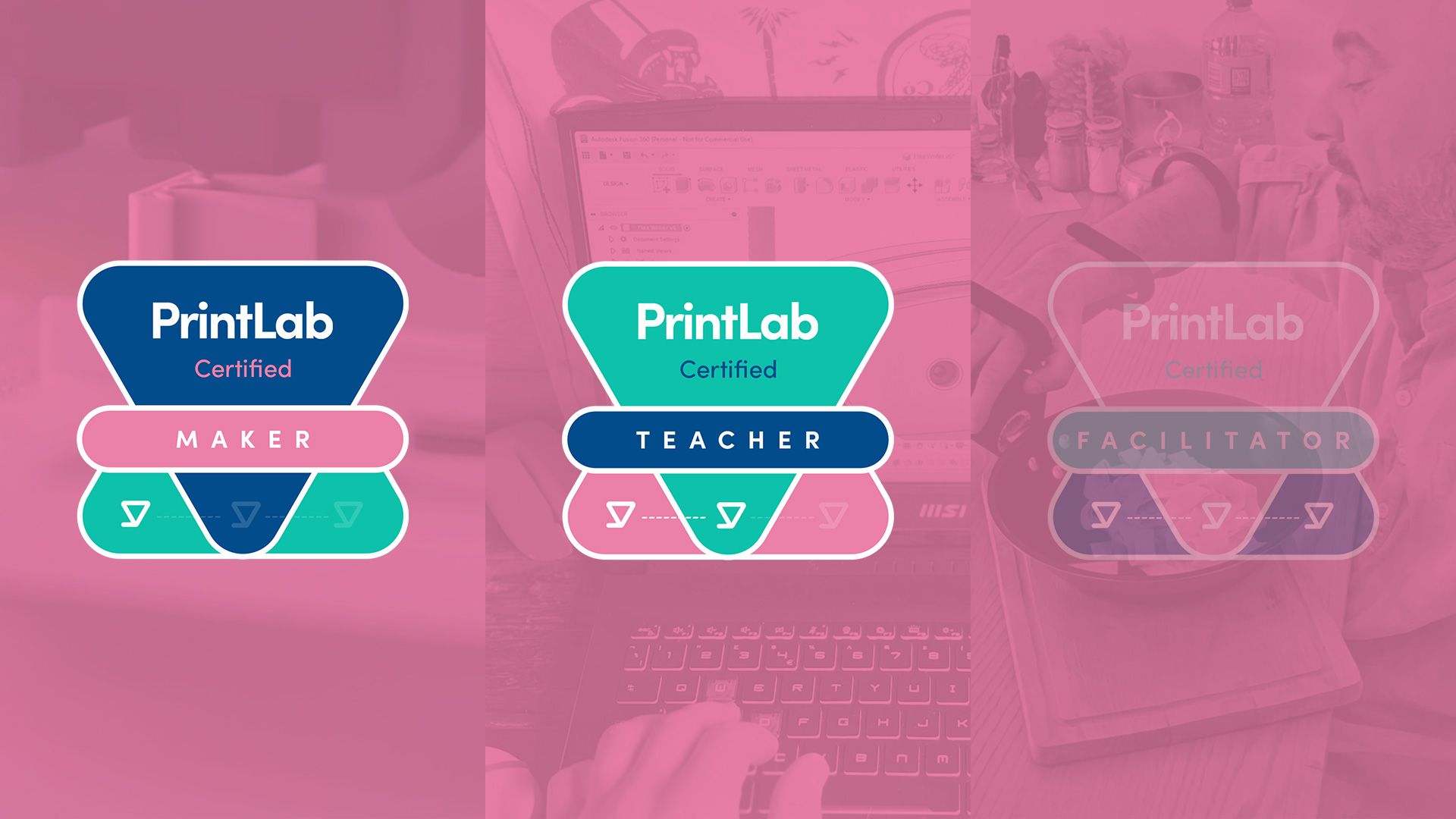 3 images of PrintLab's maker, teacher, and facilitator digital badges.