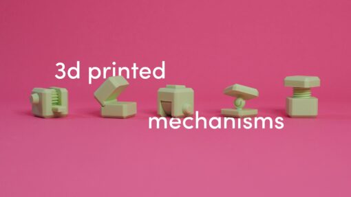 5 3d printed mechanism cubes on a pink backdrop.