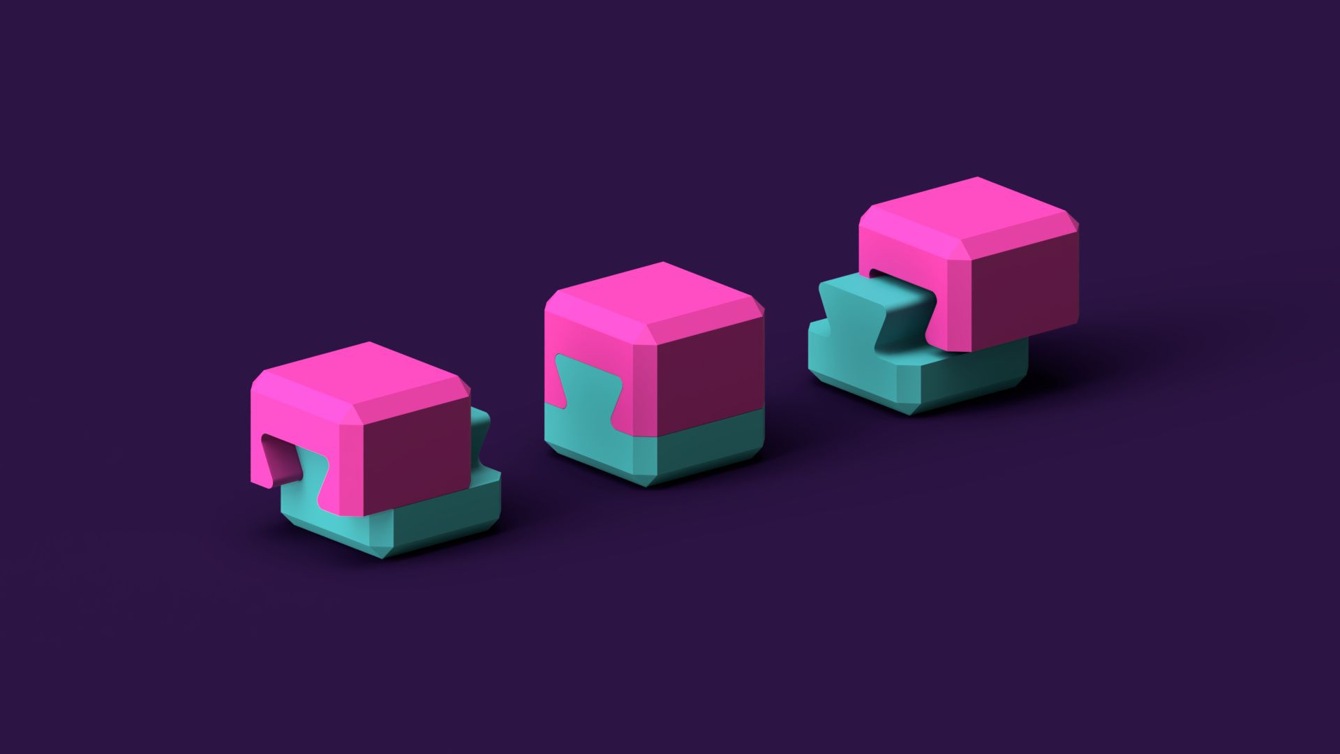 A digital render of 3 dovetail mechanism cubes.