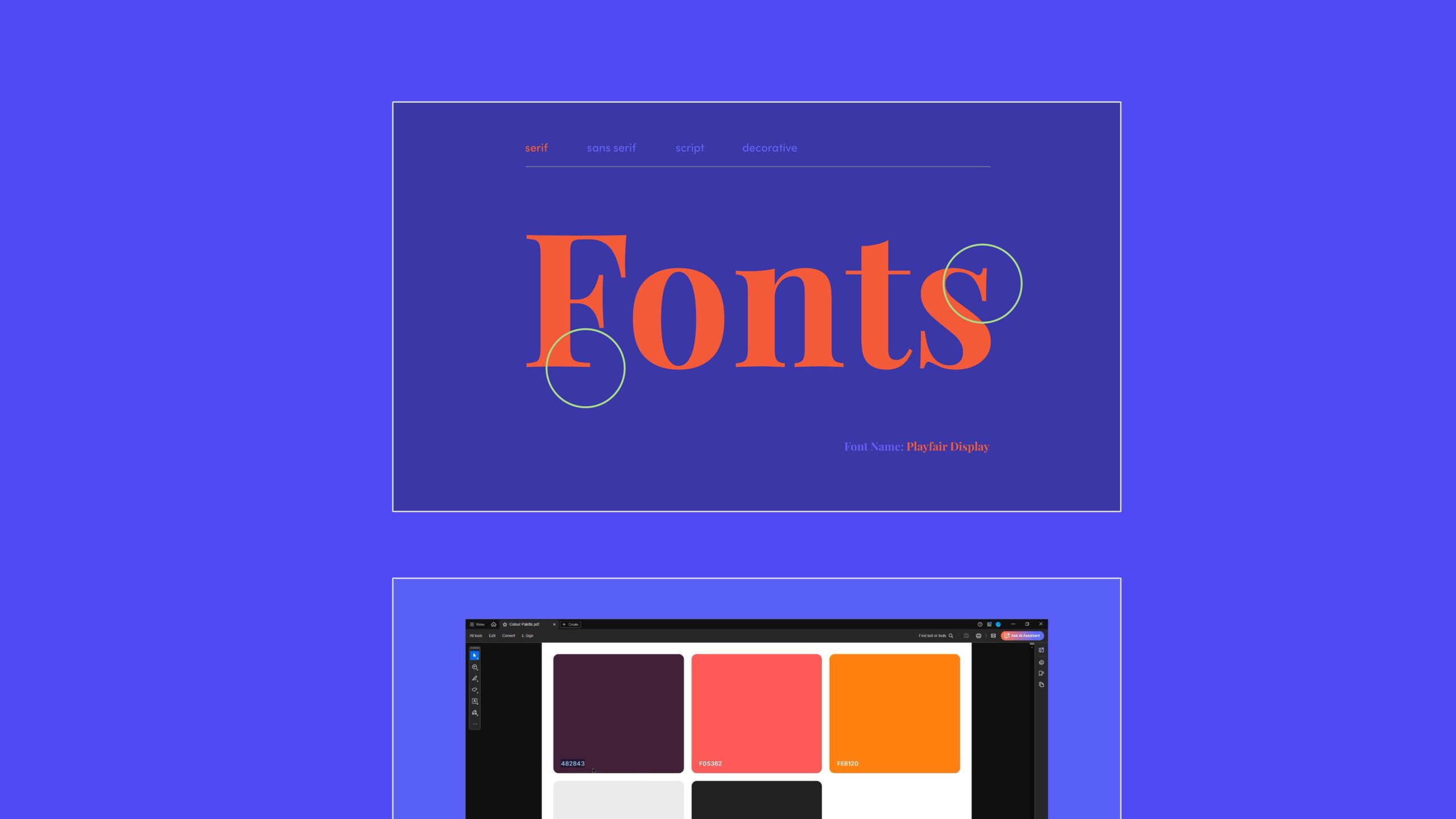 2 cards showing a snapshot of PrintLab's typography and colour palette tutorials.