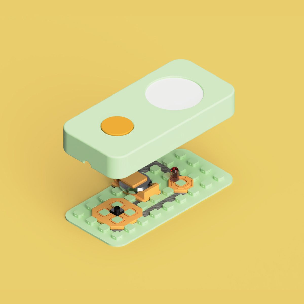 A 3D exploded render of the MakerTrack LED flashlight - showing the snap in LED, coin cell and push button on the MakerTrack grid board.