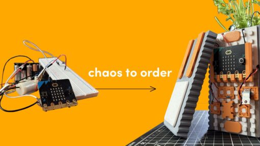 A messy circuit on the left and the MakerTrack self-watering planter on the right, which utilises a tidy, solderless circuit system. The title 'chaos to order' bridged between them.