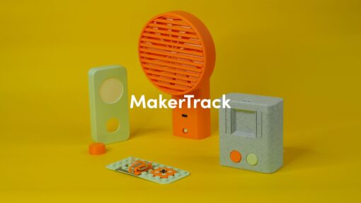 The MakerTrack LED flashlight, fan and gamepad on a yellow background. The title 'MakerTrack' overlaid in white text.
