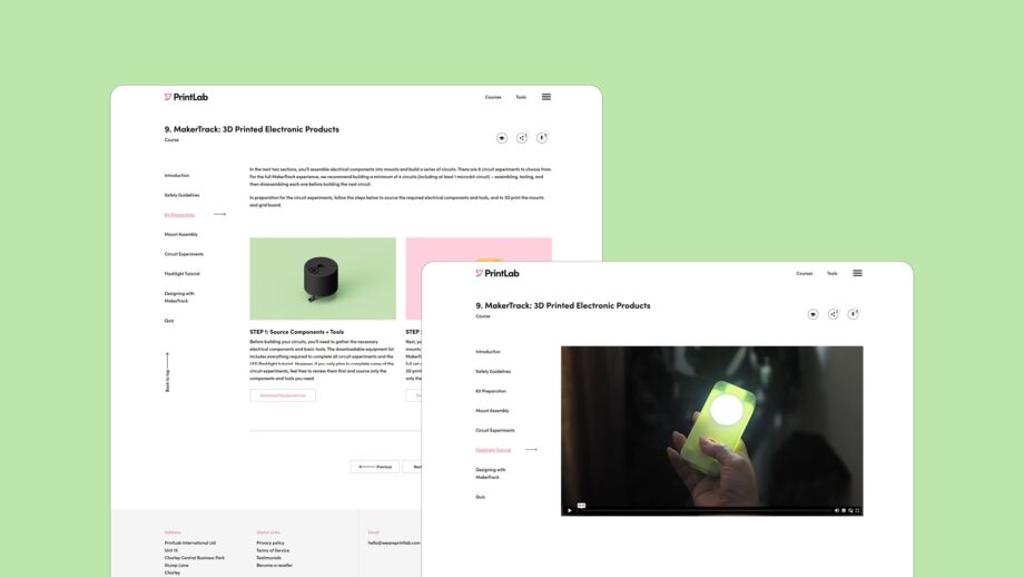 2 screens showing the learning platform for PrintLab's MakerTrack online course.