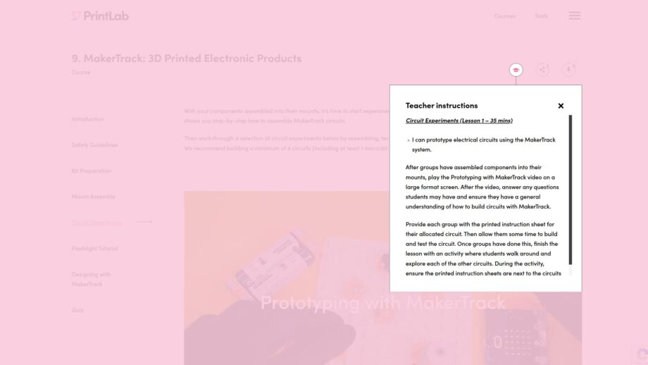 A website screen showing the teacher instructions tab in PrintLab's MakerTrack online course.