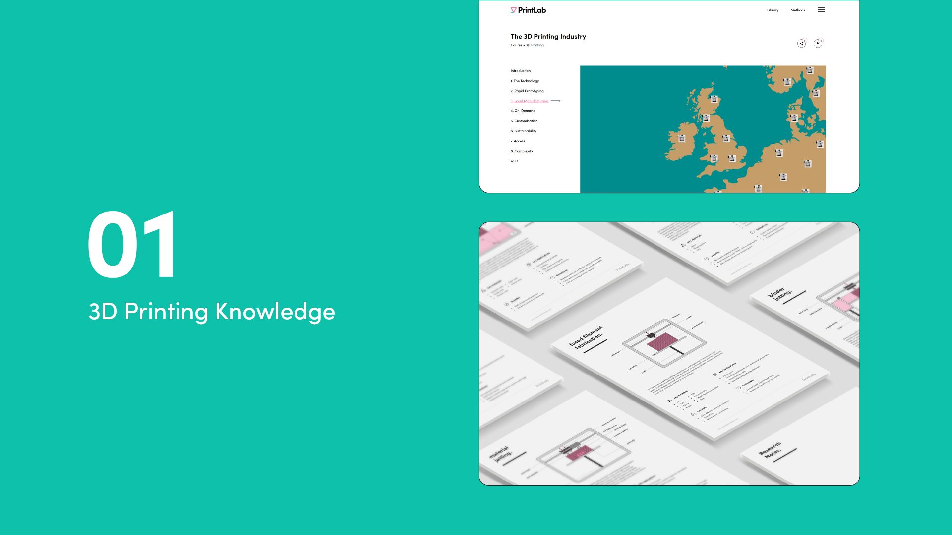 2 website screens showing the step 1 - 3d printing knowledge courses from PrintLab's AT pathway.